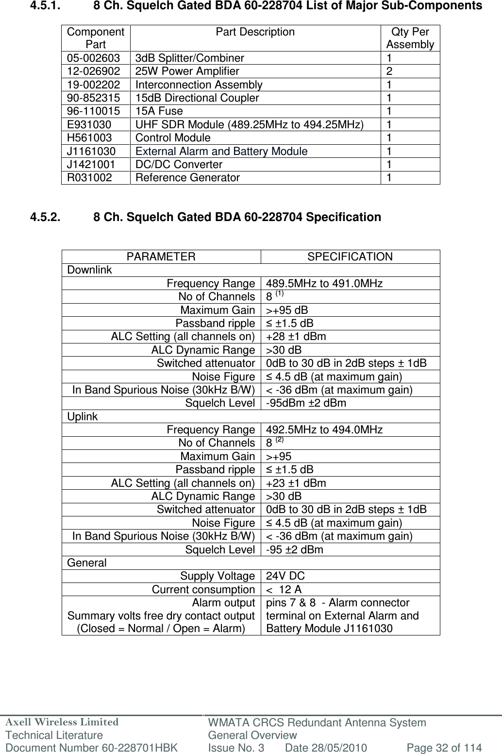 Axell Wireless Limited Technical Literature WMATA CRCS Redundant Antenna System General Overview Document Number 60-228701HBK  Issue No. 3  Date 28/05/2010  Page 32 of 114   4.5.1.  8 Ch. Squelch Gated BDA 60-228704 List of Major Sub-Components  Component Part Part Description  Qty Per Assembly 05-002603  3dB Splitter/Combiner  1 12-026902  25W Power Amplifier  2 19-002202  Interconnection Assembly  1 90-852315  15dB Directional Coupler  1 96-110015  15A Fuse   1 E931030  UHF SDR Module (489.25MHz to 494.25MHz)  1 H561003  Control Module  1 J1161030  External Alarm and Battery Module  1 J1421001  DC/DC Converter  1 R031002  Reference Generator  1   4.5.2.  8 Ch. Squelch Gated BDA 60-228704 Specification   PARAMETER  SPECIFICATION Downlink Frequency Range 489.5MHz to 491.0MHz No of Channels 8 (1) Maximum Gain &gt;+95 dB Passband ripple ≤ ±1.5 dB ALC Setting (all channels on) +28 ±1 dBm ALC Dynamic Range &gt;30 dB  Switched attenuator 0dB to 30 dB in 2dB steps ± 1dB Noise Figure ≤ 4.5 dB (at maximum gain) In Band Spurious Noise (30kHz B/W) &lt; -36 dBm (at maximum gain) Squelch Level -95dBm ±2 dBm Uplink Frequency Range 492.5MHz to 494.0MHz No of Channels 8 (2) Maximum Gain &gt;+95  Passband ripple ≤ ±1.5 dB ALC Setting (all channels on) +23 ±1 dBm ALC Dynamic Range &gt;30 dB  Switched attenuator 0dB to 30 dB in 2dB steps ± 1dB Noise Figure ≤ 4.5 dB (at maximum gain) In Band Spurious Noise (30kHz B/W) &lt; -36 dBm (at maximum gain) Squelch Level -95 ±2 dBm General Supply Voltage 24V DC Current consumption &lt;  12 A Alarm output Summary volts free dry contact output (Closed = Normal / Open = Alarm) pins 7 &amp; 8  - Alarm connector terminal on External Alarm and Battery Module J1161030   