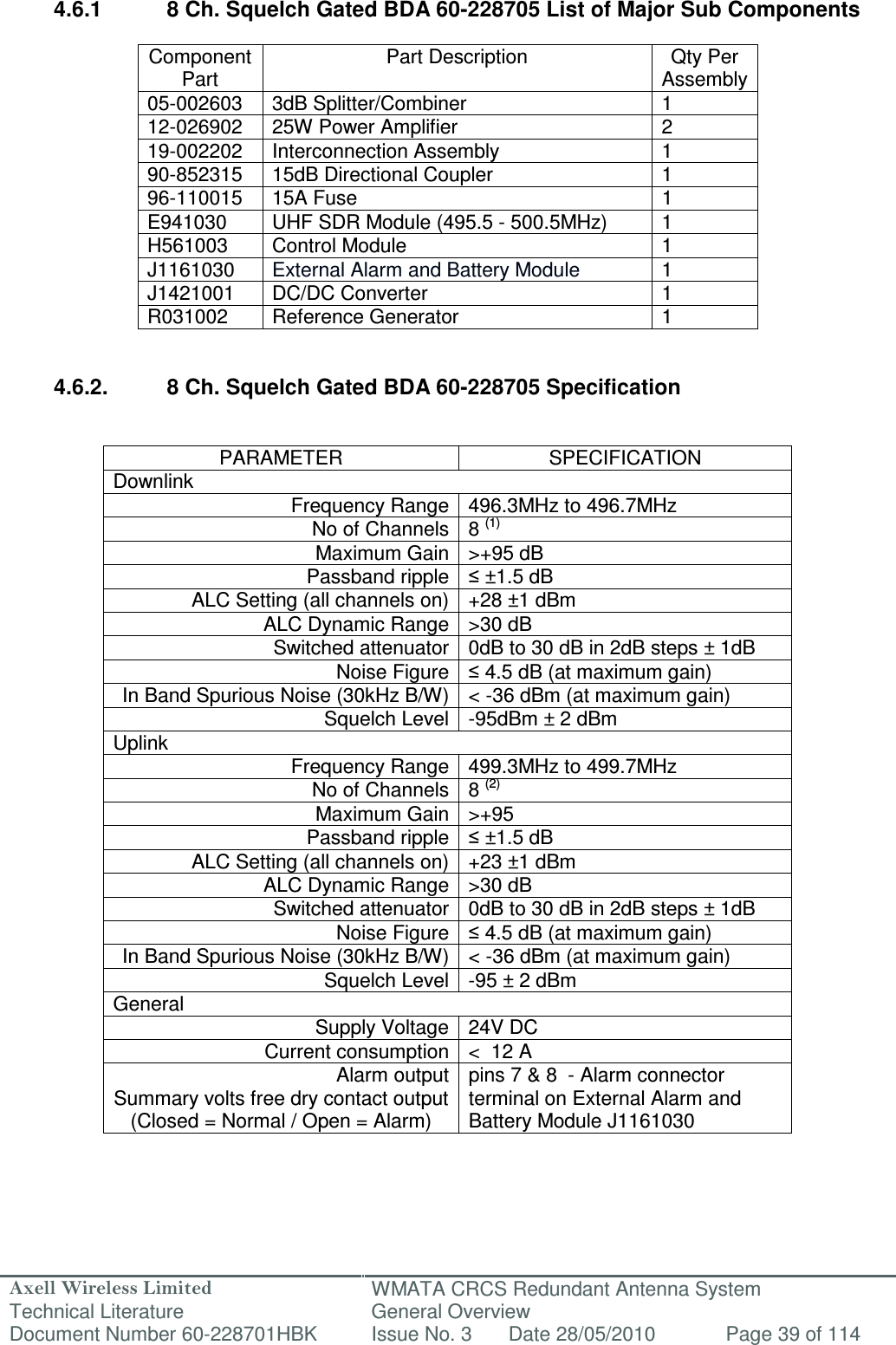 Axell Wireless Limited Technical Literature WMATA CRCS Redundant Antenna System General Overview Document Number 60-228701HBK  Issue No. 3  Date 28/05/2010  Page 39 of 114   4.6.1  8 Ch. Squelch Gated BDA 60-228705 List of Major Sub Components  Component Part Part Description  Qty Per Assembly 05-002603  3dB Splitter/Combiner  1 12-026902  25W Power Amplifier  2 19-002202  Interconnection Assembly  1 90-852315  15dB Directional Coupler  1 96-110015  15A Fuse   1 E941030  UHF SDR Module (495.5 - 500.5MHz)  1 H561003  Control Module  1 J1161030  External Alarm and Battery Module  1 J1421001  DC/DC Converter  1 R031002  Reference Generator  1   4.6.2.  8 Ch. Squelch Gated BDA 60-228705 Specification   PARAMETER  SPECIFICATION Downlink Frequency Range 496.3MHz to 496.7MHz No of Channels 8 (1) Maximum Gain &gt;+95 dB Passband ripple ≤ ±1.5 dB ALC Setting (all channels on) +28 ±1 dBm ALC Dynamic Range &gt;30 dB  Switched attenuator 0dB to 30 dB in 2dB steps ± 1dB Noise Figure ≤ 4.5 dB (at maximum gain) In Band Spurious Noise (30kHz B/W) &lt; -36 dBm (at maximum gain) Squelch Level -95dBm ± 2 dBm Uplink Frequency Range 499.3MHz to 499.7MHz No of Channels 8 (2) Maximum Gain &gt;+95  Passband ripple ≤ ±1.5 dB ALC Setting (all channels on) +23 ±1 dBm ALC Dynamic Range &gt;30 dB  Switched attenuator 0dB to 30 dB in 2dB steps ± 1dB Noise Figure ≤ 4.5 dB (at maximum gain) In Band Spurious Noise (30kHz B/W) &lt; -36 dBm (at maximum gain) Squelch Level -95 ± 2 dBm General Supply Voltage 24V DC Current consumption &lt;  12 A Alarm output Summary volts free dry contact output (Closed = Normal / Open = Alarm) pins 7 &amp; 8  - Alarm connector terminal on External Alarm and Battery Module J1161030      