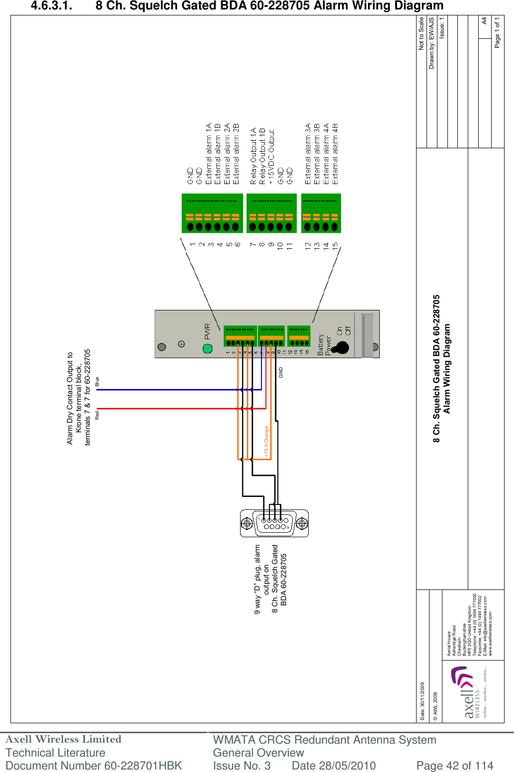 Axell Wireless Limited Technical Literature WMATA CRCS Redundant Antenna System General Overview Document Number 60-228701HBK  Issue No. 3  Date 28/05/2010  Page 42 of 114  91+15 V OrangeGND9 way “D” plug, alarm output on 8 Ch. Squelch Gated BDA 60-228705Red BlueAlarm Dry Contact Output toKrone terminal block, terminals 7 &amp; 7 for 60-228705Date: 30/11/2009© AWL 2009Page 1 of 1A4Issue: 1Drawn by: EW/AJSNot to Scale8 Ch. Squelch Gated BDA 60-228705Alarm Wiring DiagramAerial HouseAsheridge RoadCheshamBuckinghamshireHP5 2QD United KingdomTelephone: +44 (0) 1494 777000Facsimile: +44 (0) 1494 777002E-Mail: info@axellwireless.comwww.axellwireless.com 4.6.3.1.  8 Ch. Squelch Gated BDA 60-228705 Alarm Wiring Diagram                                                      