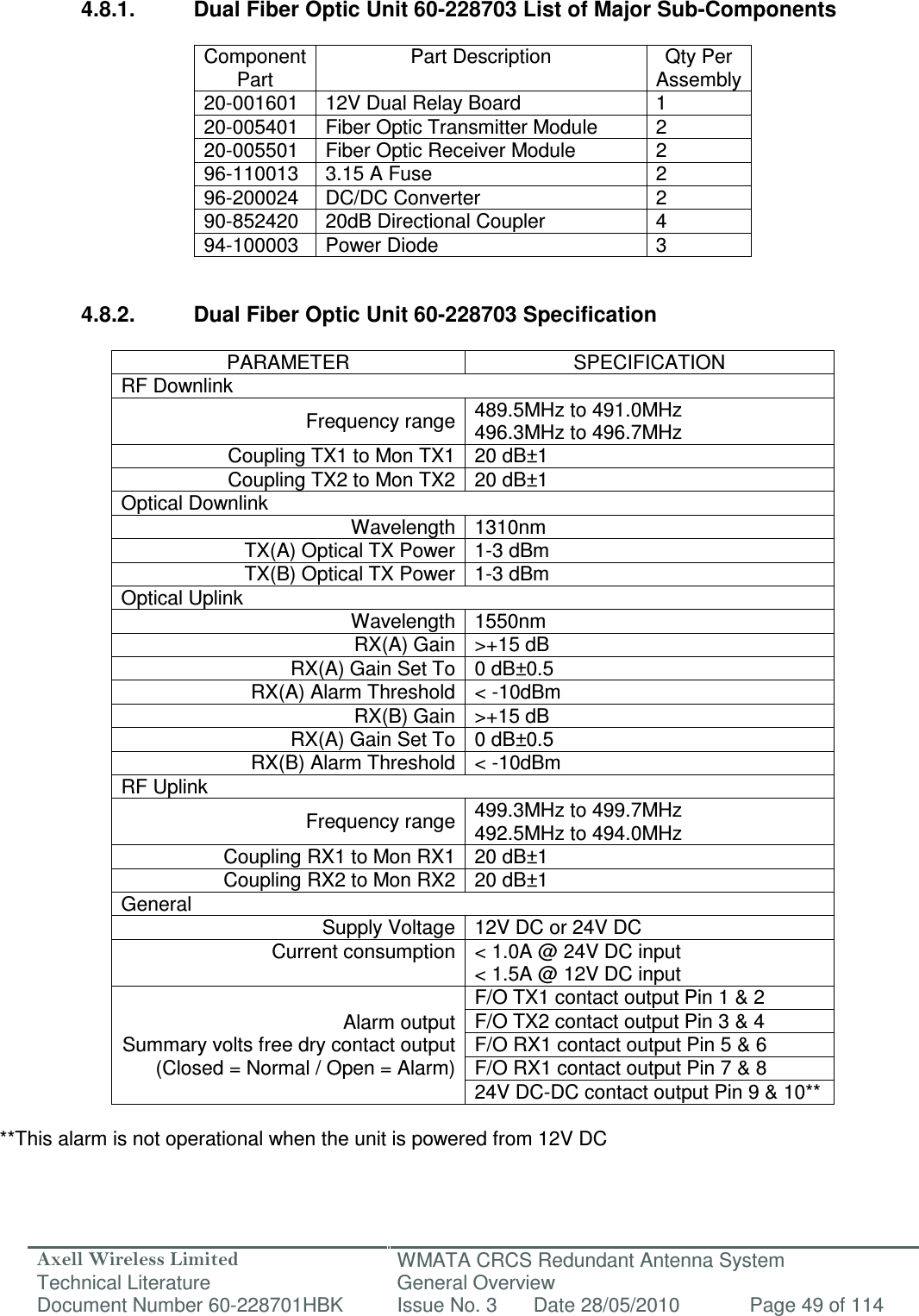 Axell Wireless Limited Technical Literature WMATA CRCS Redundant Antenna System General Overview Document Number 60-228701HBK  Issue No. 3  Date 28/05/2010  Page 49 of 114    4.8.1.  Dual Fiber Optic Unit 60-228703 List of Major Sub-Components  Component Part Part Description  Qty Per Assembly 20-001601  12V Dual Relay Board  1 20-005401  Fiber Optic Transmitter Module  2 20-005501  Fiber Optic Receiver Module  2 96-110013  3.15 A Fuse  2 96-200024  DC/DC Converter  2 90-852420  20dB Directional Coupler  4 94-100003  Power Diode  3   4.8.2.  Dual Fiber Optic Unit 60-228703 Specification  PARAMETER  SPECIFICATION RF Downlink Frequency range 489.5MHz to 491.0MHz 496.3MHz to 496.7MHz Coupling TX1 to Mon TX1 20 dB±1 Coupling TX2 to Mon TX2 20 dB±1 Optical Downlink Wavelength 1310nm TX(A) Optical TX Power 1-3 dBm TX(B) Optical TX Power 1-3 dBm Optical Uplink Wavelength 1550nm RX(A) Gain &gt;+15 dB RX(A) Gain Set To 0 dB±0.5 RX(A) Alarm Threshold &lt; -10dBm RX(B) Gain &gt;+15 dB RX(A) Gain Set To 0 dB±0.5 RX(B) Alarm Threshold &lt; -10dBm RF Uplink Frequency range 499.3MHz to 499.7MHz 492.5MHz to 494.0MHz Coupling RX1 to Mon RX1 20 dB±1 Coupling RX2 to Mon RX2 20 dB±1 General Supply Voltage 12V DC or 24V DC Current consumption &lt; 1.0A @ 24V DC input &lt; 1.5A @ 12V DC input Alarm output Summary volts free dry contact output (Closed = Normal / Open = Alarm) F/O TX1 contact output Pin 1 &amp; 2 F/O TX2 contact output Pin 3 &amp; 4 F/O RX1 contact output Pin 5 &amp; 6 F/O RX1 contact output Pin 7 &amp; 8 24V DC-DC contact output Pin 9 &amp; 10**  **This alarm is not operational when the unit is powered from 12V DC 