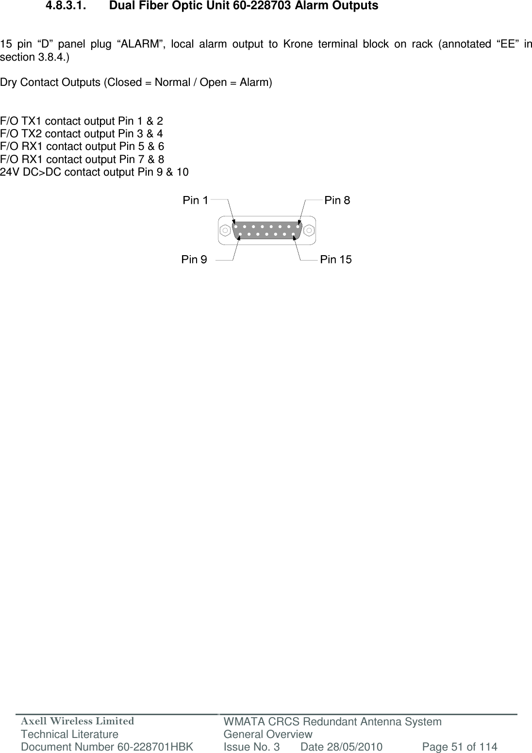 Axell Wireless Limited Technical Literature WMATA CRCS Redundant Antenna System General Overview Document Number 60-228701HBK  Issue No. 3  Date 28/05/2010  Page 51 of 114   4.8.3.1.  Dual Fiber Optic Unit 60-228703 Alarm Outputs   15  pin  “D”  panel  plug  “ALARM”,  local  alarm  output  to  Krone  terminal  block  on  rack  (annotated  “EE”  in section 3.8.4.)  Dry Contact Outputs (Closed = Normal / Open = Alarm)      F/O TX1 contact output Pin 1 &amp; 2 F/O TX2 contact output Pin 3 &amp; 4 F/O RX1 contact output Pin 5 &amp; 6 F/O RX1 contact output Pin 7 &amp; 8 24V DC&gt;DC contact output Pin 9 &amp; 10         