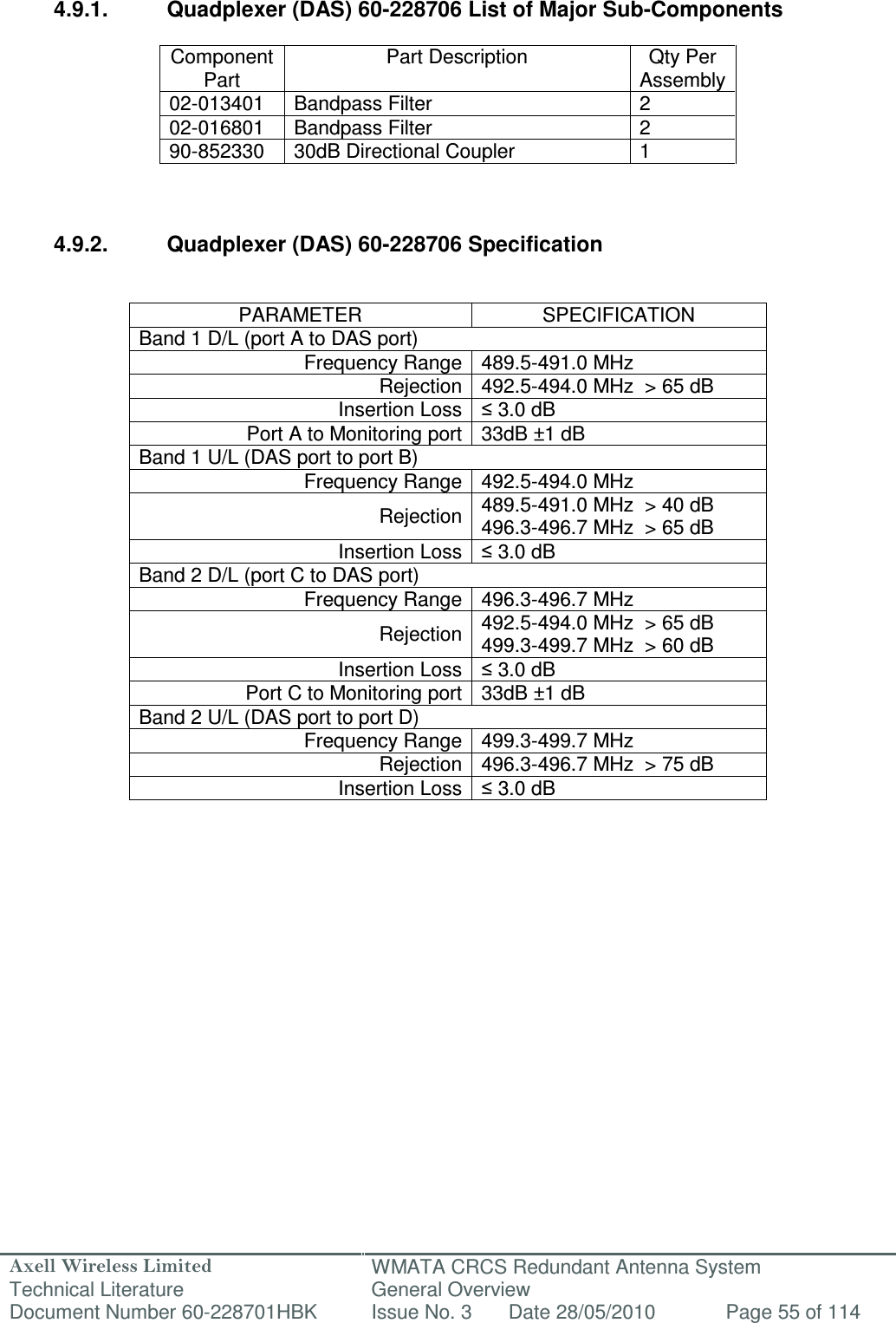 Axell Wireless Limited Technical Literature WMATA CRCS Redundant Antenna System General Overview Document Number 60-228701HBK  Issue No. 3  Date 28/05/2010  Page 55 of 114    4.9.1.  Quadplexer (DAS) 60-228706 List of Major Sub-Components  Component Part Part Description  Qty Per Assembly 02-013401  Bandpass Filter  2 02-016801  Bandpass Filter  2 90-852330  30dB Directional Coupler  1    4.9.2.  Quadplexer (DAS) 60-228706 Specification   PARAMETER  SPECIFICATION Band 1 D/L (port A to DAS port) Frequency Range 489.5-491.0 MHz Rejection 492.5-494.0 MHz  &gt; 65 dB Insertion Loss ≤ 3.0 dB Port A to Monitoring port 33dB ±1 dB Band 1 U/L (DAS port to port B) Frequency Range 492.5-494.0 MHz Rejection 489.5-491.0 MHz  &gt; 40 dB  496.3-496.7 MHz  &gt; 65 dB Insertion Loss ≤ 3.0 dB Band 2 D/L (port C to DAS port) Frequency Range 496.3-496.7 MHz Rejection 492.5-494.0 MHz  &gt; 65 dB  499.3-499.7 MHz  &gt; 60 dB Insertion Loss ≤ 3.0 dB Port C to Monitoring port 33dB ±1 dB Band 2 U/L (DAS port to port D) Frequency Range 499.3-499.7 MHz Rejection 496.3-496.7 MHz  &gt; 75 dB Insertion Loss ≤ 3.0 dB      