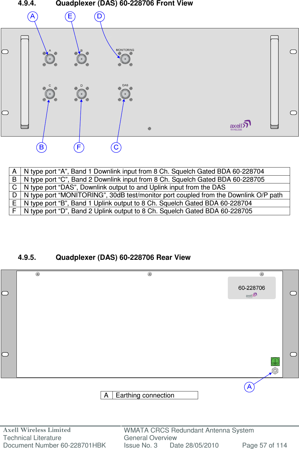 Axell Wireless Limited Technical Literature WMATA CRCS Redundant Antenna System General Overview Document Number 60-228701HBK  Issue No. 3  Date 28/05/2010  Page 57 of 114   4.9.4.  Quadplexer (DAS) 60-228706 Front View                      A  N type port “A”, Band 1 Downlink input from 8 Ch. Squelch Gated BDA 60-228704 B  N type port “C”, Band 2 Downlink input from 8 Ch. Squelch Gated BDA 60-228705 C  N type port “DAS”, Downlink output to and Uplink input from the DAS D  N type port “MONITORING”, 30dB test/monitor port coupled from the Downlink O/P path E  N type port “B”, Band 1 Uplink output to 8 Ch. Squelch Gated BDA 60-228704 F  N type port “D”, Band 2 Uplink output to 8 Ch. Squelch Gated BDA 60-228705      4.9.5.  Quadplexer (DAS) 60-228706 Rear View                  A  Earthing connection   