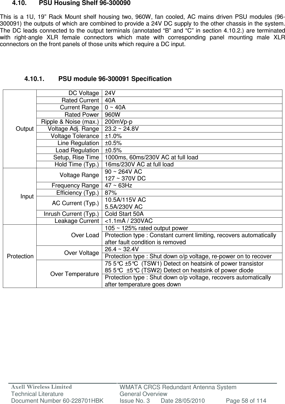 Axell Wireless Limited Technical Literature WMATA CRCS Redundant Antenna System General Overview Document Number 60-228701HBK  Issue No. 3  Date 28/05/2010  Page 58 of 114   4.10.  PSU Housing Shelf 96-300090  This  is  a  1U,  19”  Rack  Mount shelf  housing  two,  960W, fan cooled,  AC mains  driven  PSU modules (96-300091) the outputs of which are combined to provide a 24V DC supply to the other chassis in the system. The DC leads connected to the output terminals (annotated “B” and “C” in section 4.10.2.) are terminated with  right-angle  XLR  female  connectors  which  mate  with  corresponding  panel  mounting  male  XLR connectors on the front panels of those units which require a DC input.     4.10.1.  PSU module 96-300091 Specification  Output DC Voltage 24V  Rated Current 40A  Current Range 0 ~ 40A  Rated Power 960W  Ripple &amp; Noise (max.) 200mVp-p  Voltage Adj. Range 23.2 ~ 24.8V  Voltage Tolerance ±1.0% Line Regulation ±0.5% Load Regulation ±0.5% Setup, Rise Time 1000ms, 60ms/230V AC at full load Hold Time (Typ.) 16ms/230V AC at full load Input Voltage Range 90 ~ 264V AC   127 ~ 370V DC  Frequency Range 47 ~ 63Hz  Efficiency (Typ.) 87%  AC Current (Typ.) 10.5A/115V AC 5.5A/230V AC  Inrush Current (Typ.) Cold Start 50A  Leakage Current &lt;1.1mA / 230VAC  Protection Over Load 105 ~ 125% rated output power  Protection type : Constant current limiting, recovers automatically after fault condition is removed Over Voltage 26.4 ~ 32.4V  Protection type : Shut down o/p voltage, re-power on to recover Over Temperature 75 5°C ±5°C  (TSW1) Detect on heatsink of power transistor  85 5°C  ±5°C (TSW2) Detect on heatsink of power diode Protection type : Shut down o/p voltage, recovers automatically after temperature goes down   