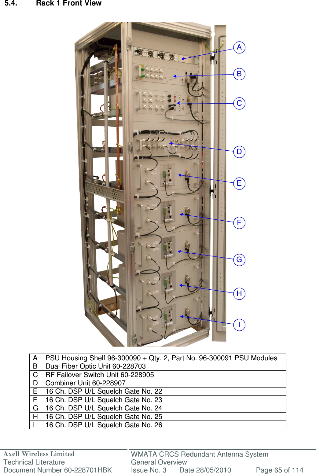 Axell Wireless Limited Technical Literature WMATA CRCS Redundant Antenna System General Overview Document Number 60-228701HBK  Issue No. 3  Date 28/05/2010  Page 65 of 114   5.4.  Rack 1 Front View                                            A  PSU Housing Shelf 96-300090 + Qty. 2, Part No. 96-300091 PSU Modules B  Dual Fiber Optic Unit 60-228703 C  RF Failover Switch Unit 60-228905 D  Combiner Unit 60-228907 E  16 Ch. DSP U/L Squelch Gate No. 22 F  16 Ch. DSP U/L Squelch Gate No. 23 G 16 Ch. DSP U/L Squelch Gate No. 24 H  16 Ch. DSP U/L Squelch Gate No. 25 I  16 Ch. DSP U/L Squelch Gate No. 26  