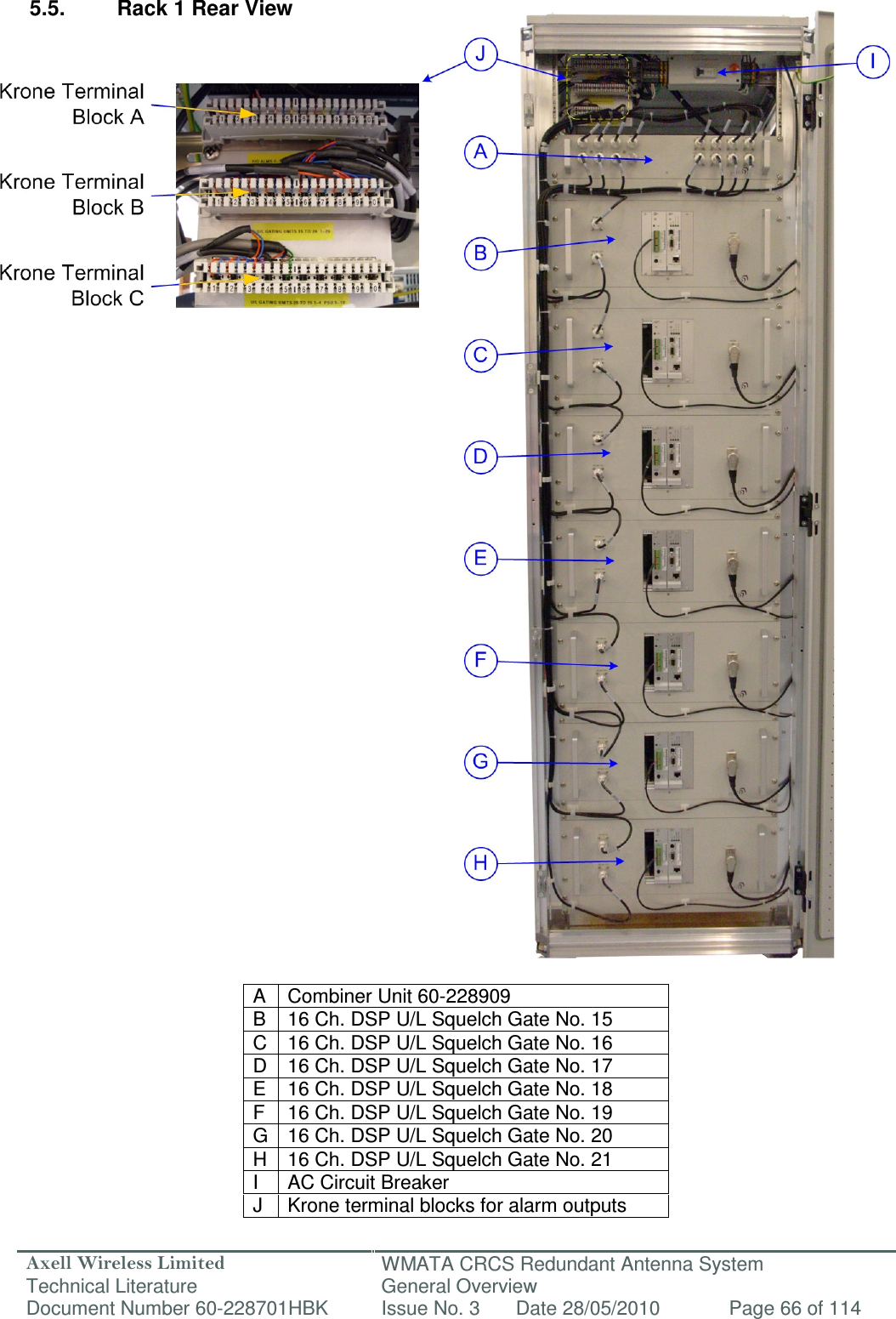 Axell Wireless Limited Technical Literature WMATA CRCS Redundant Antenna System General Overview Document Number 60-228701HBK  Issue No. 3  Date 28/05/2010  Page 66 of 114   5.5.  Rack 1 Rear View                                            A  Combiner Unit 60-228909 B  16 Ch. DSP U/L Squelch Gate No. 15 C 16 Ch. DSP U/L Squelch Gate No. 16 D 16 Ch. DSP U/L Squelch Gate No. 17 E  16 Ch. DSP U/L Squelch Gate No. 18 F  16 Ch. DSP U/L Squelch Gate No. 19 G 16 Ch. DSP U/L Squelch Gate No. 20 H 16 Ch. DSP U/L Squelch Gate No. 21 I  AC Circuit Breaker J  Krone terminal blocks for alarm outputs 