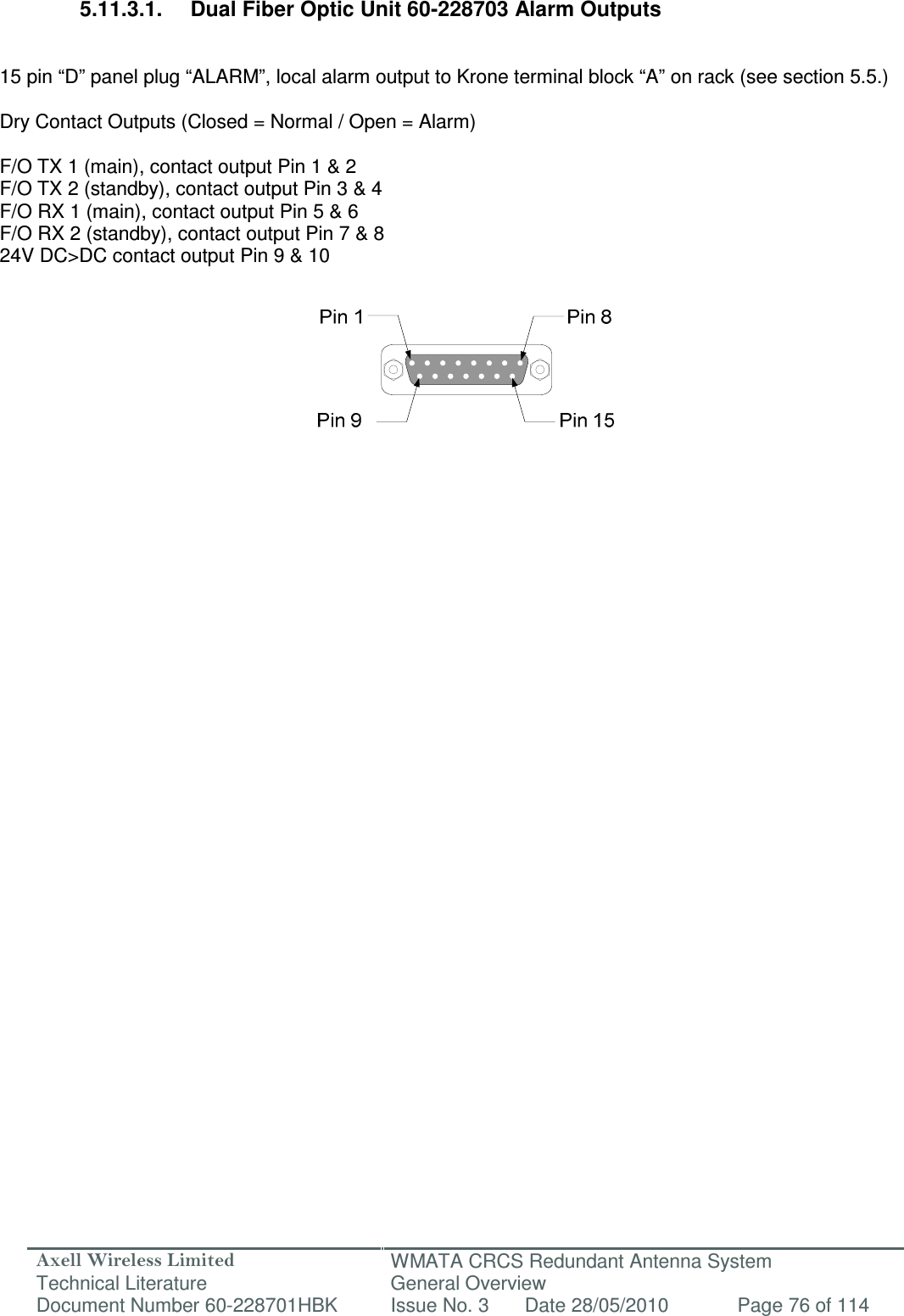 Axell Wireless Limited Technical Literature WMATA CRCS Redundant Antenna System General Overview Document Number 60-228701HBK  Issue No. 3  Date 28/05/2010  Page 76 of 114   5.11.3.1.  Dual Fiber Optic Unit 60-228703 Alarm Outputs   15 pin “D” panel plug “ALARM”, local alarm output to Krone terminal block “A” on rack (see section 5.5.)  Dry Contact Outputs (Closed = Normal / Open = Alarm)  F/O TX 1 (main), contact output Pin 1 &amp; 2 F/O TX 2 (standby), contact output Pin 3 &amp; 4 F/O RX 1 (main), contact output Pin 5 &amp; 6 F/O RX 2 (standby), contact output Pin 7 &amp; 8 24V DC&gt;DC contact output Pin 9 &amp; 10                
