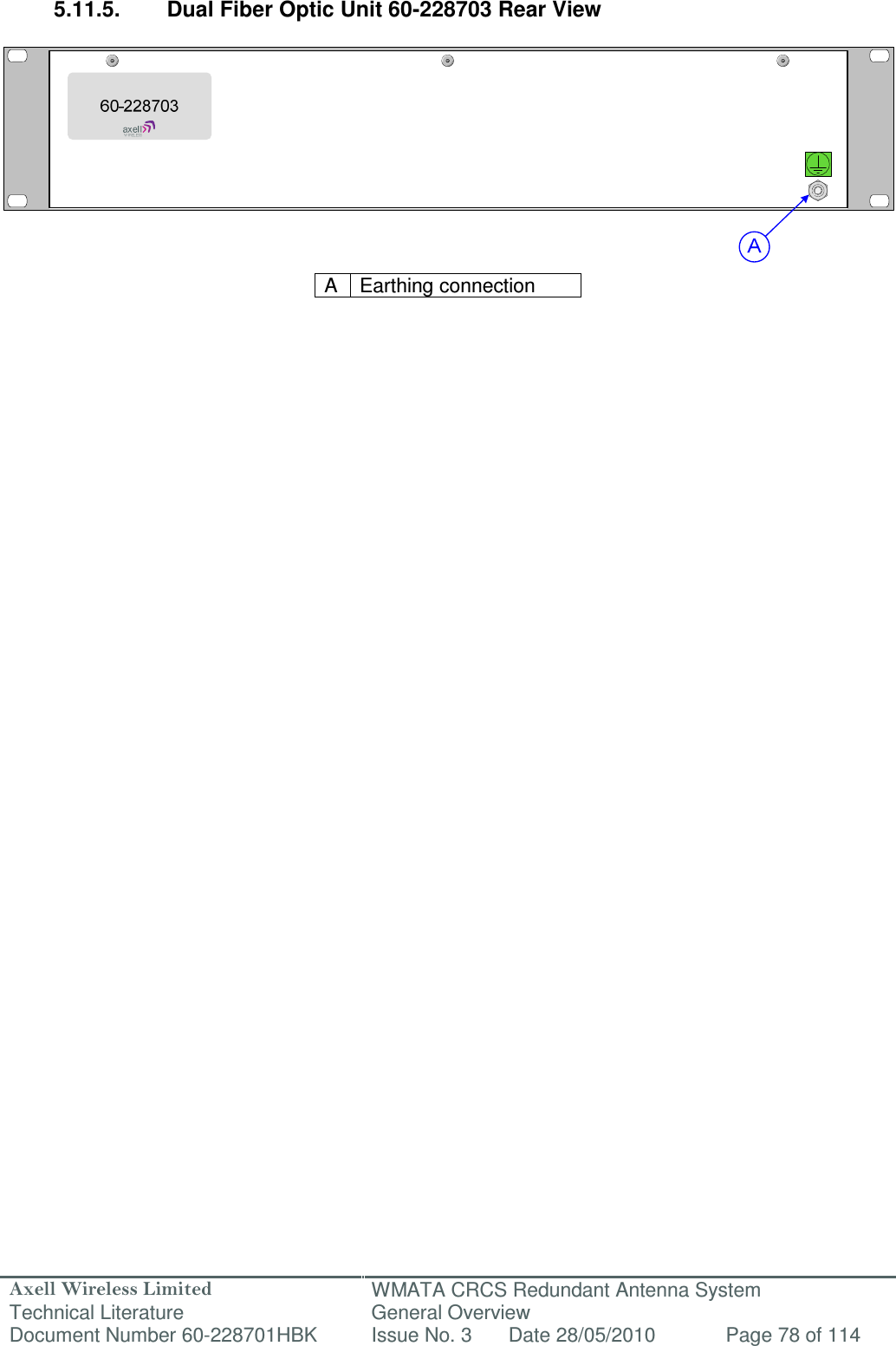 Axell Wireless Limited Technical Literature WMATA CRCS Redundant Antenna System General Overview Document Number 60-228701HBK  Issue No. 3  Date 28/05/2010  Page 78 of 114   5.11.5.  Dual Fiber Optic Unit 60-228703 Rear View            A  Earthing connection                    