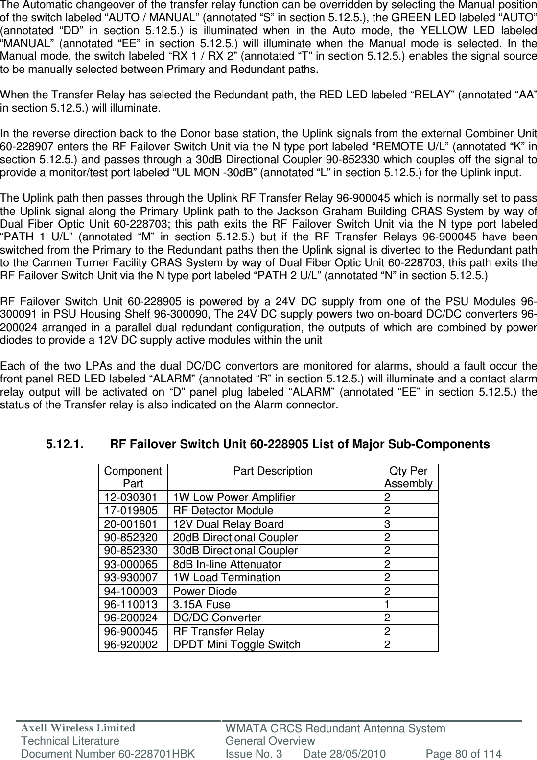 Axell Wireless Limited Technical Literature WMATA CRCS Redundant Antenna System General Overview Document Number 60-228701HBK  Issue No. 3  Date 28/05/2010  Page 80 of 114   The Automatic changeover of the transfer relay function can be overridden by selecting the Manual position of the switch labeled “AUTO / MANUAL” (annotated “S” in section 5.12.5.), the GREEN LED labeled “AUTO” (annotated  “DD”  in  section  5.12.5.)  is  illuminated  when  in  the  Auto  mode,  the  YELLOW  LED  labeled “MANUAL”  (annotated  “EE”  in  section  5.12.5.)  will  illuminate  when  the  Manual  mode  is  selected.  In  the Manual mode, the switch labeled “RX 1 / RX 2” (annotated “T” in section 5.12.5.) enables the signal source to be manually selected between Primary and Redundant paths.   When the Transfer Relay has selected the Redundant path, the RED LED labeled “RELAY” (annotated “AA” in section 5.12.5.) will illuminate.  In the reverse direction back to the Donor base station, the Uplink signals from the external Combiner Unit 60-228907 enters the RF Failover Switch Unit via the N type port labeled “REMOTE U/L” (annotated “K” in section 5.12.5.) and passes through a 30dB Directional Coupler 90-852330 which couples off the signal to provide a monitor/test port labeled “UL MON -30dB” (annotated “L” in section 5.12.5.) for the Uplink input.   The Uplink path then passes through the Uplink RF Transfer Relay 96-900045 which is normally set to pass the Uplink signal along the Primary Uplink path to the Jackson Graham Building CRAS System by way of Dual  Fiber  Optic  Unit  60-228703;  this  path  exits  the  RF  Failover  Switch  Unit  via  the  N  type  port  labeled “PATH  1  U/L”  (annotated  “M”  in  section  5.12.5.)  but  if  the  RF  Transfer  Relays  96-900045  have  been switched from the Primary to the Redundant paths then the Uplink signal is diverted to the Redundant path to the Carmen Turner Facility CRAS System by way of Dual Fiber Optic Unit 60-228703, this path exits the RF Failover Switch Unit via the N type port labeled “PATH 2 U/L” (annotated “N” in section 5.12.5.)  RF  Failover  Switch  Unit  60-228905  is  powered  by  a  24V  DC  supply  from  one  of  the  PSU  Modules  96-300091 in PSU Housing Shelf 96-300090, The 24V DC supply powers two on-board DC/DC converters 96-200024  arranged  in a  parallel dual  redundant configuration,  the  outputs of  which are  combined by power diodes to provide a 12V DC supply active modules within the unit   Each of the  two LPAs and  the dual  DC/DC  convertors  are monitored for  alarms, should a fault  occur the front panel RED LED labeled “ALARM” (annotated “R” in section 5.12.5.) will illuminate and a contact alarm relay  output  will  be  activated  on  “D”  panel  plug  labeled  “ALARM”  (annotated  “EE”  in  section  5.12.5.)  the status of the Transfer relay is also indicated on the Alarm connector.   5.12.1.  RF Failover Switch Unit 60-228905 List of Major Sub-Components  Component Part Part Description  Qty Per Assembly 12-030301  1W Low Power Amplifier  2 17-019805  RF Detector Module  2 20-001601  12V Dual Relay Board  3 90-852320  20dB Directional Coupler  2 90-852330  30dB Directional Coupler  2 93-000065  8dB In-line Attenuator  2 93-930007  1W Load Termination  2 94-100003  Power Diode  2 96-110013  3.15A Fuse   1 96-200024  DC/DC Converter  2 96-900045  RF Transfer Relay  2 96-920002  DPDT Mini Toggle Switch  2    