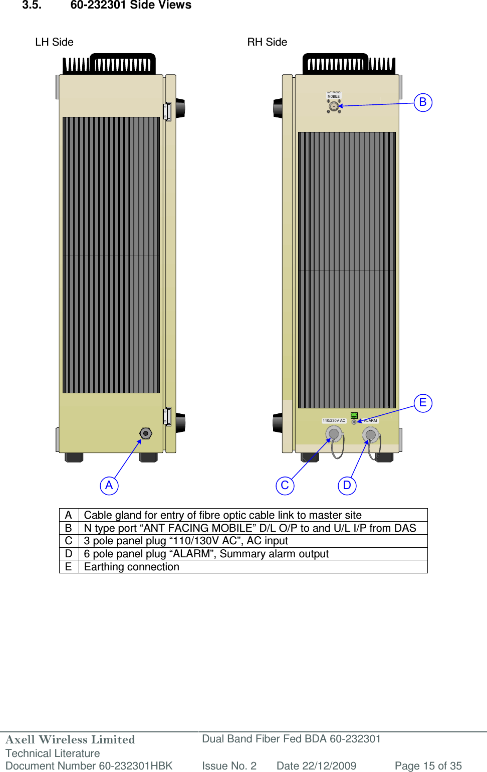 Axell Wireless Limited Technical Literature Dual Band Fiber Fed BDA 60-232301 Document Number 60-232301HBK Issue No. 2 Date 22/12/2009 Page 15 of 35  110/230V AC ALARMANT. FACINGMOBILEA DBEC 3.5.  60-232301 Side Views     LH Side          RH Side                                      A  Cable gland for entry of fibre optic cable link to master site B N type port “ANT FACING MOBILE” D/L O/P to and U/L I/P from DAS C 3 pole panel plug “110/130V AC”, AC input D 6 pole panel plug “ALARM”, Summary alarm output E  Earthing connection            