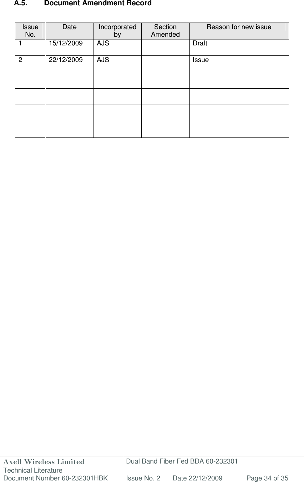 Axell Wireless Limited Technical Literature Dual Band Fiber Fed BDA 60-232301 Document Number 60-232301HBK Issue No. 2 Date 22/12/2009 Page 34 of 35   A.5.  Document Amendment Record                       Issue No. Date  Incorporated by Section Amended Reason for new issue 1  15/12/2009  AJS    Draft 2  22/12/2009  AJS    Issue                     