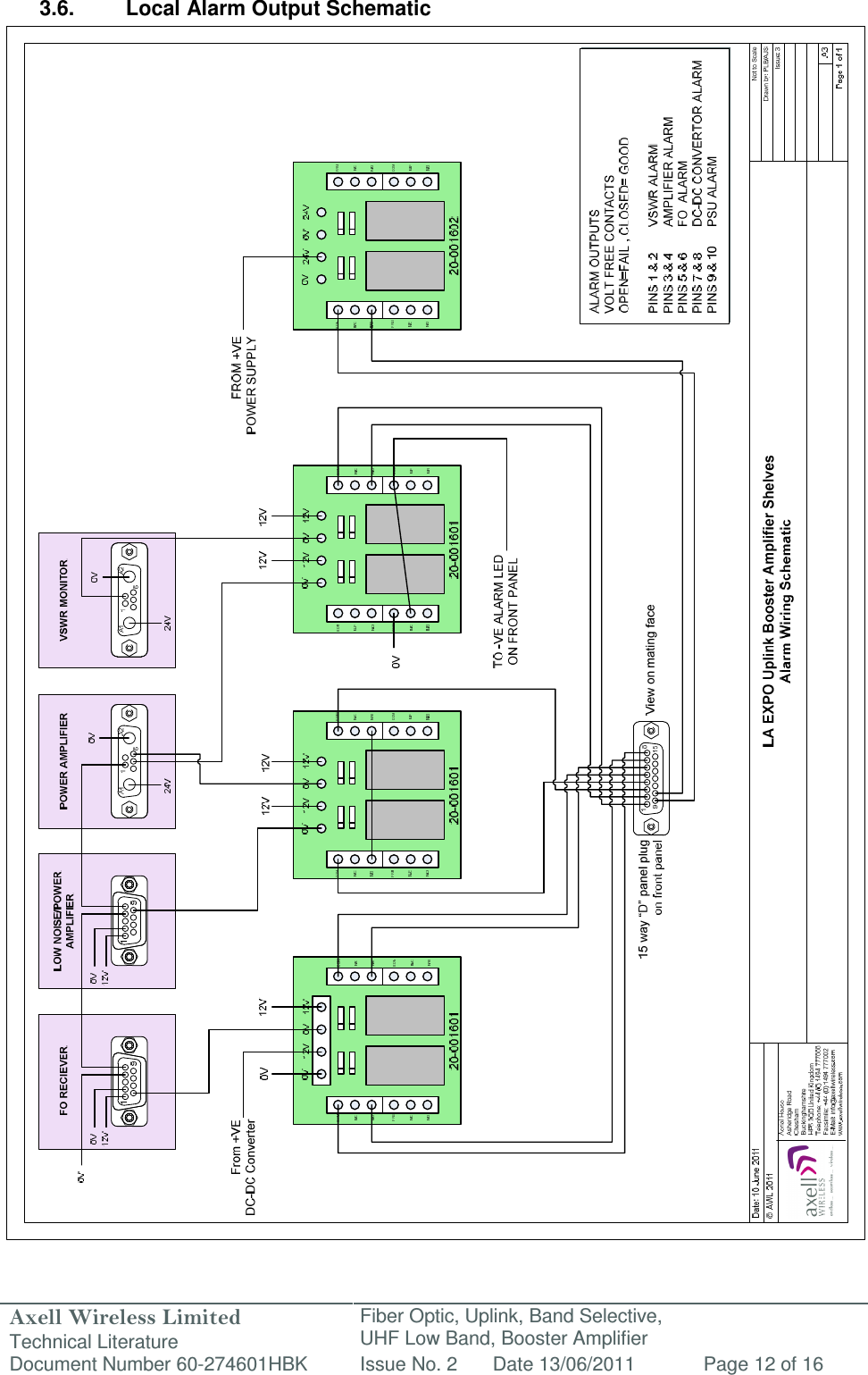 Axell Wireless Limited Technical Literature Fiber Optic, Uplink, Band Selective,  UHF Low Band, Booster Amplifier Document Number 60-274601HBK Issue No. 2 Date 13/06/2011 Page 12 of 16   3.6.  Local Alarm Output Schematic                                                        