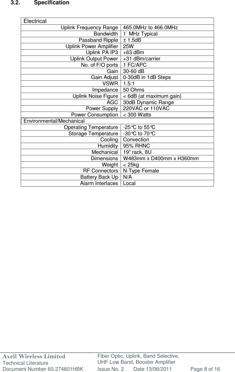 Axell Wireless Limited Technical Literature Fiber Optic, Uplink, Band Selective,  UHF Low Band, Booster Amplifier Document Number 60-274601HBK Issue No. 2 Date 13/06/2011 Page 8 of 16   3.2.  Specification   Electrical  Uplink Frequency Range 465.0MHz to 466.0MHz Bandwidth 1  MHz Typical Passband Ripple ± 1.5dB Uplink Power Amplifier 25W Uplink PA IP3 +63 dBm Uplink Output Power +31 dBm/carrier  No. of F/O ports 1 FC/APC Gain 30-60 dB Gain Adjust 0-30dB in 1dB Steps VSWR 1.5:1 Impedance 50 Ohms Uplink Noise Figure &lt; 6dB (at maximum gain) AGC 30dB Dynamic Range Power Supply 220VAC or 110VAC Power Consumption &lt; 300 Watts Environmental/Mechanical Operating Temperature -25°C to 55°C  Storage Temperature -30°C to 70°C  Cooling Convection Humidity 95% RHNC Mechanical 19” rack, 8U Dimensions W483mm x D400mm x H360mm  Weight &lt; 25kg RF Connectors N-Type Female Battery Back Up N/A Alarm Interfaces Local              