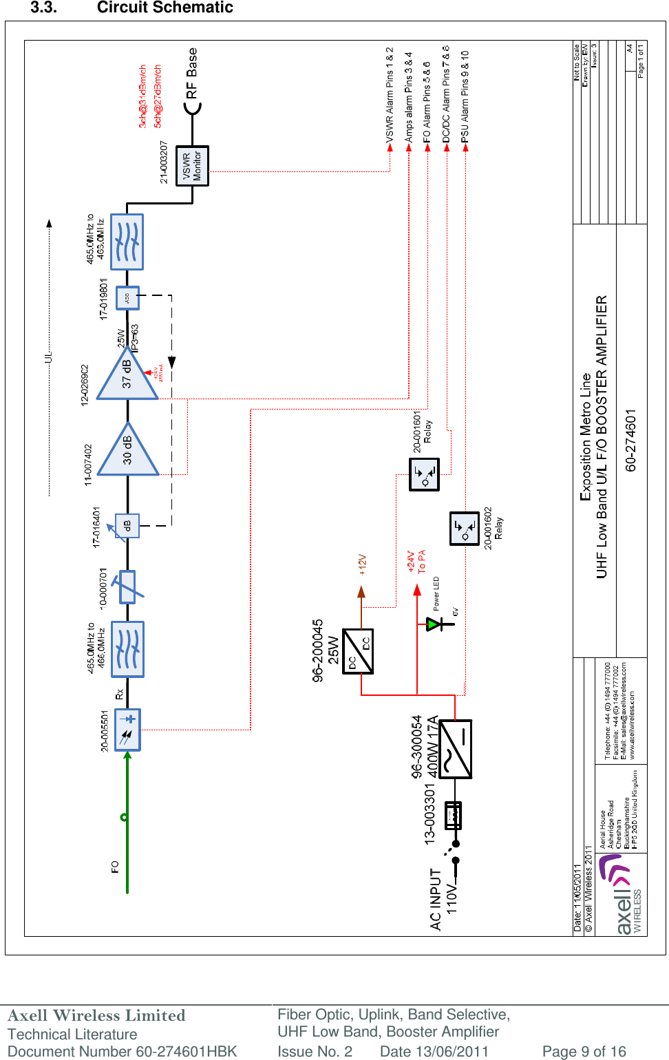 Axell Wireless Limited Technical Literature Fiber Optic, Uplink, Band Selective,  UHF Low Band, Booster Amplifier Document Number 60-274601HBK Issue No. 2 Date 13/06/2011 Page 9 of 16   3.3.  Circuit Schematic                                                         
