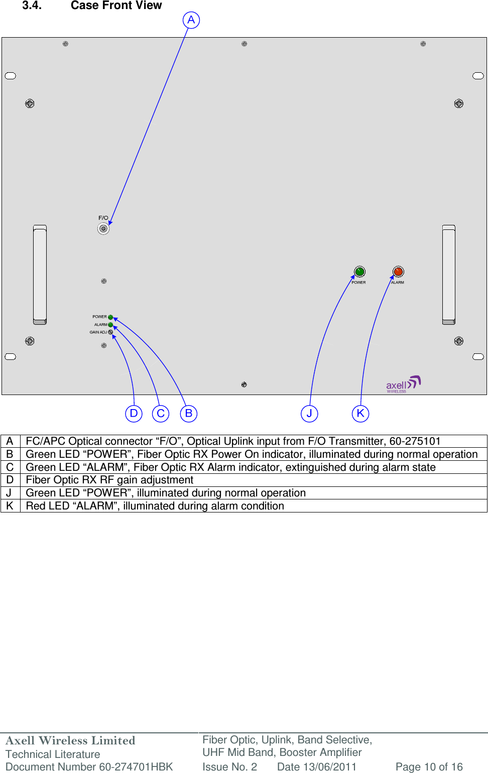 Axell Wireless Limited Technical Literature Fiber Optic, Uplink, Band Selective,  UHF Mid Band, Booster Amplifier Document Number 60-274701HBK Issue No. 2 Date 13/06/2011 Page 10 of 16   3.4.  Case Front View                                   A  FC/APC Optical connector “F/O”, Optical Uplink input from F/O Transmitter, 60-275101 B  Green LED “POWER”, Fiber Optic RX Power On indicator, illuminated during normal operation C  Green LED “ALARM”, Fiber Optic RX Alarm indicator, extinguished during alarm state D  Fiber Optic RX RF gain adjustment J  Green LED “POWER”, illuminated during normal operation K  Red LED “ALARM”, illuminated during alarm condition     