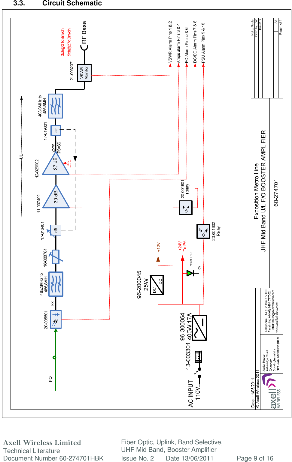 Axell Wireless Limited Technical Literature Fiber Optic, Uplink, Band Selective,  UHF Mid Band, Booster Amplifier Document Number 60-274701HBK Issue No. 2 Date 13/06/2011 Page 9 of 16   3.3.  Circuit Schematic                                                         