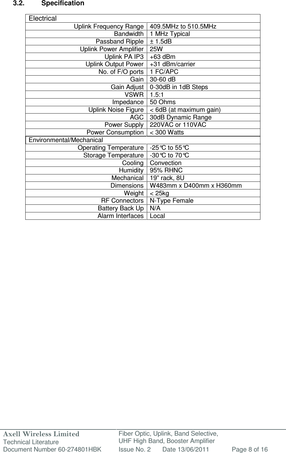 Axell Wireless Limited Technical Literature Fiber Optic, Uplink, Band Selective,  UHF High Band, Booster Amplifier Document Number 60-274801HBK Issue No. 2 Date 13/06/2011 Page 8 of 16   3.2.  Specification  Electrical  Uplink Frequency Range 409.5MHz to 510.5MHz Bandwidth 1 MHz Typical Passband Ripple ± 1.5dB Uplink Power Amplifier 25W Uplink PA IP3 +63 dBm  Uplink Output Power +31 dBm/carrier  No. of F/O ports 1 FC/APC Gain 30-60 dB Gain Adjust 0-30dB in 1dB Steps VSWR 1.5:1 Impedance 50 Ohms Uplink Noise Figure &lt; 6dB (at maximum gain) AGC 30dB Dynamic Range Power Supply 220VAC or 110VAC Power Consumption &lt; 300 Watts Environmental/Mechanical Operating Temperature -25°C to 55°C  Storage Temperature -30°C to 70°C  Cooling Convection Humidity 95% RHNC Mechanical 19” rack, 8U Dimensions W483mm x D400mm x H360mm  Weight &lt; 25kg RF Connectors N-Type Female Battery Back Up N/A Alarm Interfaces Local                 