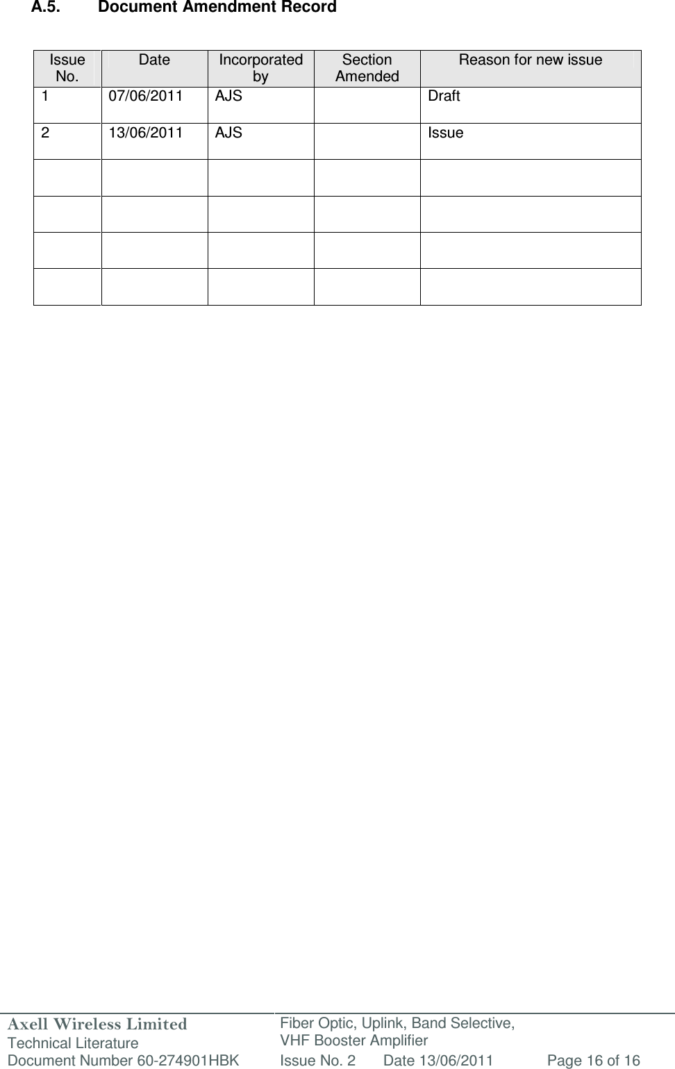 Axell Wireless Limited Technical Literature Fiber Optic, Uplink, Band Selective,  VHF Booster Amplifier Document Number 60-274901HBK Issue No. 2 Date 13/06/2011 Page 16 of 16   A.5.  Document Amendment Record                    Issue No. Date  Incorporated by Section Amended Reason for new issue 1  07/06/2011  AJS    Draft 2  13/06/2011  AJS    Issue                     