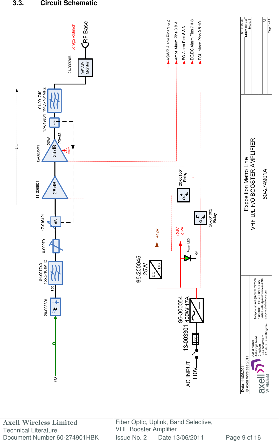 Axell Wireless Limited Technical Literature Fiber Optic, Uplink, Band Selective,  VHF Booster Amplifier Document Number 60-274901HBK Issue No. 2 Date 13/06/2011 Page 9 of 16   3.3.  Circuit Schematic                                                         
