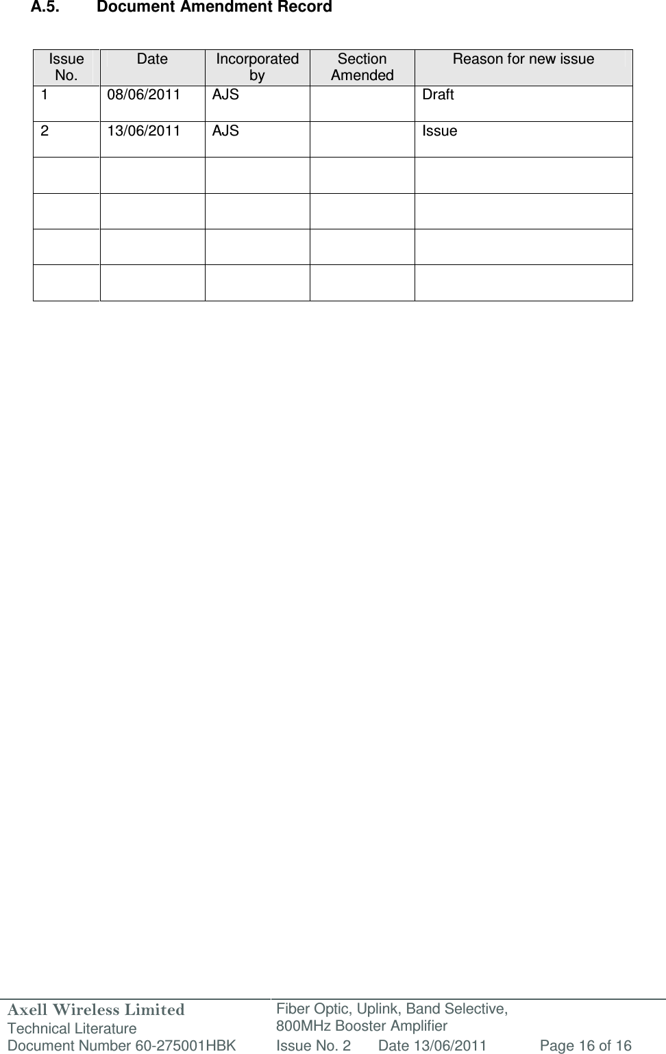 Axell Wireless Limited Technical Literature Fiber Optic, Uplink, Band Selective,  800MHz Booster Amplifier  Document Number 60-275001HBK Issue No. 2 Date 13/06/2011 Page 16 of 16   A.5.  Document Amendment Record                     Issue No. Date  Incorporated by Section Amended Reason for new issue 1  08/06/2011  AJS    Draft 2  13/06/2011  AJS    Issue                     