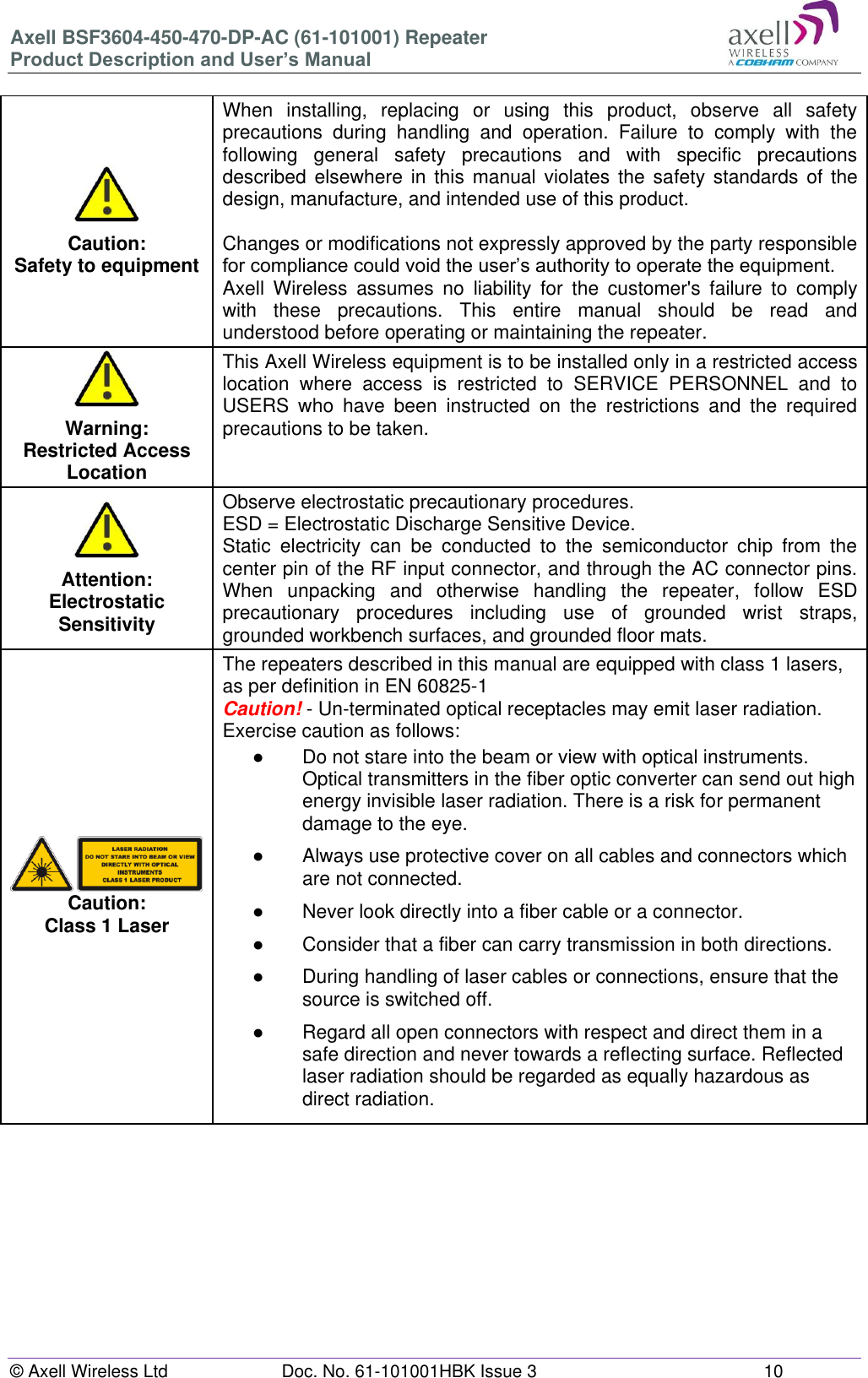 Axell BSF3604-450-470-DP-AC (61-101001) Repeater Product Description and User’s Manual © Axell Wireless Ltd  Doc. No. 61-101001HBK Issue 3  10   Caution: Safety to equipment When  installing,  replacing  or  using  this  product,  observe  all  safety precautions  during  handling  and  operation.  Failure  to  comply  with  the following  general  safety  precautions  and  with  specific  precautions described  elsewhere  in this manual violates the safety  standards  of  the design, manufacture, and intended use of this product.   Changes or modifications not expressly approved by the party responsible for compliance could void the user’s authority to operate the equipment. Axell  Wireless  assumes  no  liability  for  the  customer&apos;s  failure  to  comply with  these  precautions.  This  entire  manual  should  be  read  and understood before operating or maintaining the repeater. Warning: Restricted Access Location This Axell Wireless equipment is to be installed only in a restricted access location  where  access  is  restricted  to  SERVICE  PERSONNEL  and  to USERS  who  have  been  instructed  on  the  restrictions  and  the  required precautions to be taken. Attention: Electrostatic Sensitivity Observe electrostatic precautionary procedures. ESD = Electrostatic Discharge Sensitive Device.  Static  electricity  can  be  conducted  to  the  semiconductor  chip  from  the center pin of the RF input connector, and through the AC connector pins. When  unpacking  and  otherwise  handling  the  repeater,  follow  ESD precautionary  procedures  including  use  of  grounded  wrist  straps, grounded workbench surfaces, and grounded floor mats. Caution: Class 1 Laser The repeaters described in this manual are equipped with class 1 lasers, as per definition in EN 60825-1 Caution! - Un-terminated optical receptacles may emit laser radiation. Exercise caution as follows: ●  Do not stare into the beam or view with optical instruments. Optical transmitters in the fiber optic converter can send out high energy invisible laser radiation. There is a risk for permanent damage to the eye. ●  Always use protective cover on all cables and connectors which are not connected.  ●  Never look directly into a fiber cable or a connector.  ●  Consider that a fiber can carry transmission in both directions.  ●  During handling of laser cables or connections, ensure that the source is switched off.  ●  Regard all open connectors with respect and direct them in a safe direction and never towards a reflecting surface. Reflected laser radiation should be regarded as equally hazardous as direct radiation.      