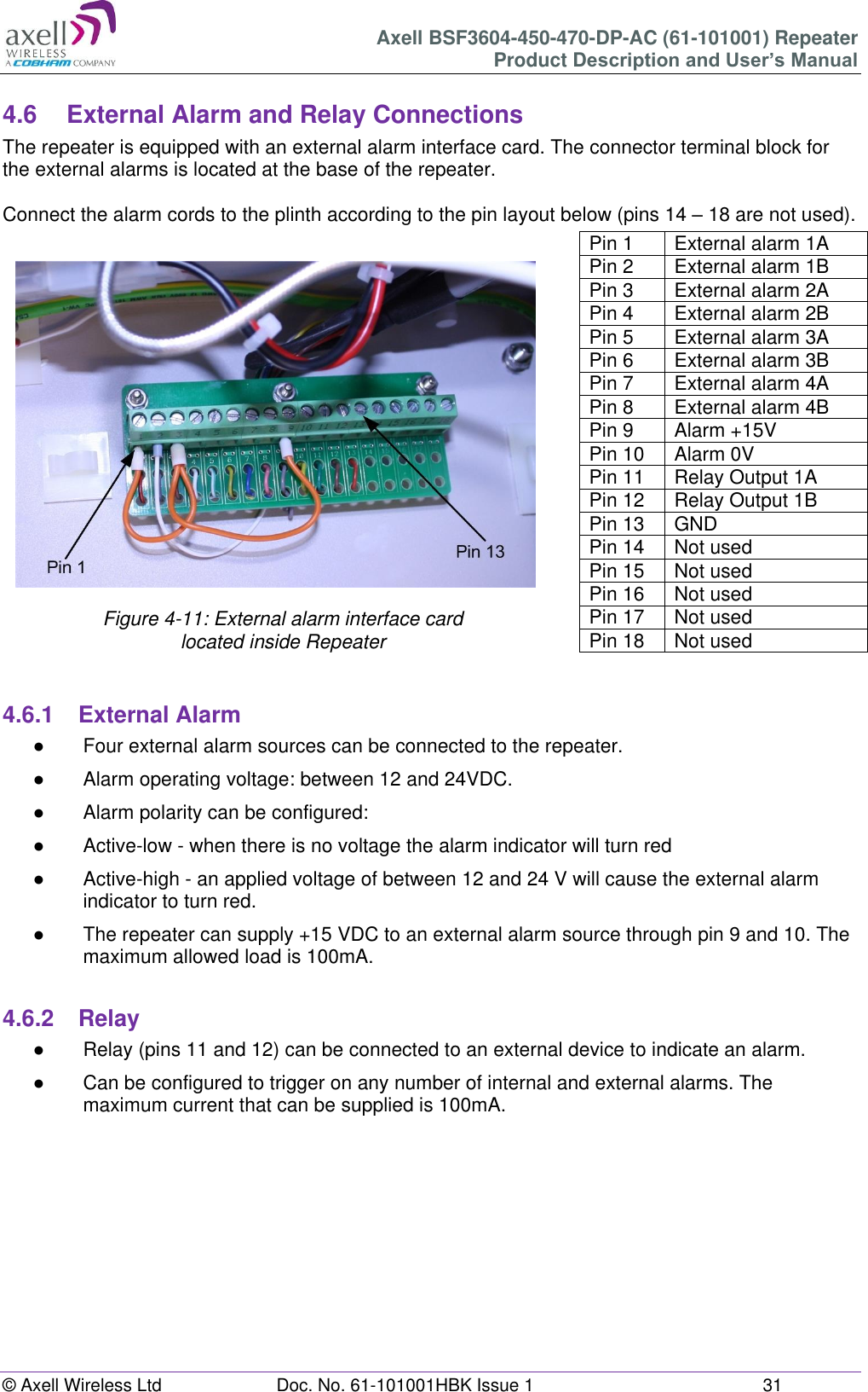 Axell BSF3604-450-470-DP-AC (61-101001) Repeater Product Description and User’s Manual © Axell Wireless Ltd  Doc. No. 61-101001HBK Issue 1  31   4.6  External Alarm and Relay Connections The repeater is equipped with an external alarm interface card. The connector terminal block for the external alarms is located at the base of the repeater.  Connect the alarm cords to the plinth according to the pin layout below (pins 14 – 18 are not used).                  Figure 4-11: External alarm interface card  located inside Repeater   4.6.1  External Alarm  ●  Four external alarm sources can be connected to the repeater. ●  Alarm operating voltage: between 12 and 24VDC.  ●  Alarm polarity can be configured:  ●  Active-low - when there is no voltage the alarm indicator will turn red ●  Active-high - an applied voltage of between 12 and 24 V will cause the external alarm indicator to turn red. ● The repeater can supply +15 VDC to an external alarm source through pin 9 and 10. The maximum allowed load is 100mA.  4.6.2  Relay ●  Relay (pins 11 and 12) can be connected to an external device to indicate an alarm. ●  Can be configured to trigger on any number of internal and external alarms. The maximum current that can be supplied is 100mA.      Pin 1 External alarm 1A Pin 2  External alarm 1B Pin 3  External alarm 2A Pin 4  External alarm 2B Pin 5  External alarm 3A Pin 6  External alarm 3B Pin 7  External alarm 4A Pin 8  External alarm 4B Pin 9  Alarm +15V Pin 10 Alarm 0V Pin 11  Relay Output 1A Pin 12  Relay Output 1B Pin 13  GND Pin 14  Not used Pin 15  Not used Pin 16  Not used Pin 17  Not used Pin 18  Not used 