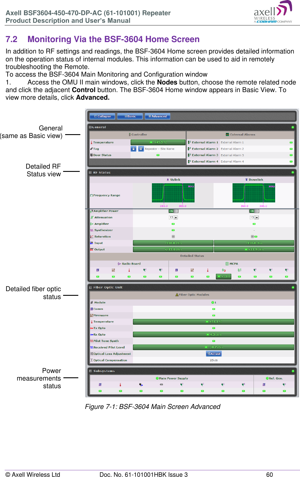 Axell BSF3604-450-470-DP-AC (61-101001) Repeater Product Description and User’s Manual © Axell Wireless Ltd  Doc. No. 61-101001HBK Issue 3  60   7.2  Monitoring Via the BSF-3604 Home Screen In addition to RF settings and readings, the BSF-3604 Home screen provides detailed information on the operation status of internal modules. This information can be used to aid in remotely troubleshooting the Remote. To access the BSF-3604 Main Monitoring and Configuration window 1.   Access the OMU II main windows, click the Nodes button, choose the remote related node and click the adjacent Control button. The BSF-3604 Home window appears in Basic View. To view more details, click Advanced.   Figure 7-1: BSF-3604 Main Screen Advanced   General  (same as Basic view) Detailed RF Status view Detailed fiber optic status Power measurements status  Power measurements status 