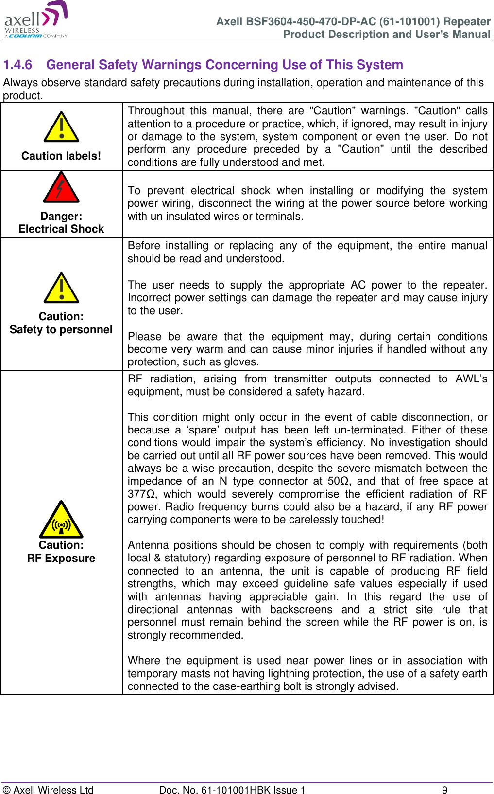 Axell BSF3604-450-470-DP-AC (61-101001) Repeater Product Description and User’s Manual © Axell Wireless Ltd  Doc. No. 61-101001HBK Issue 1  9   1.4.6  General Safety Warnings Concerning Use of This System Always observe standard safety precautions during installation, operation and maintenance of this product. Caution labels! Throughout  this  manual,  there  are  &quot;Caution&quot;  warnings.  &quot;Caution&quot;  calls attention to a procedure or practice, which, if ignored, may result in injury or damage to the system, system component or even the user. Do not perform  any  procedure  preceded  by  a  &quot;Caution&quot;  until  the  described conditions are fully understood and met.  Danger: Electrical Shock To  prevent  electrical  shock  when  installing  or  modifying  the  system power wiring, disconnect the wiring at the power source before working with un insulated wires or terminals. Caution: Safety to personnel Before  installing  or  replacing  any  of  the  equipment,  the  entire  manual should be read and understood.  The  user  needs  to  supply  the  appropriate  AC  power  to  the  repeater. Incorrect power settings can damage the repeater and may cause injury to the user.  Please  be  aware  that  the  equipment  may,  during  certain  conditions become very warm and can cause minor injuries if handled without any protection, such as gloves. Caution: RF Exposure RF  radiation,  arising  from  transmitter  outputs  connected  to  AWL’s equipment, must be considered a safety hazard.  This condition might  only occur in the  event of cable disconnection,  or because  a  ‘spare’  output  has  been  left  un-terminated.  Either  of  these conditions would impair the system’s efficiency. No investigation should be carried out until all RF power sources have been removed. This would always be a wise precaution, despite the severe mismatch between the impedance  of  an  N  type  connector  at  50Ω,  and  that  of  free  space  at 377Ω,  which  would  severely  compromise  the  efficient  radiation  of  RF power. Radio frequency burns could also be a hazard, if any RF power carrying components were to be carelessly touched!  Antenna positions should be chosen to comply with requirements (both local &amp; statutory) regarding exposure of personnel to RF radiation. When connected  to  an  antenna,  the  unit  is  capable  of  producing  RF  field strengths,  which  may  exceed  guideline  safe  values  especially  if  used with  antennas  having  appreciable  gain.  In  this  regard  the  use  of directional  antennas  with  backscreens  and  a  strict  site  rule  that personnel must remain behind the screen while the RF power is on, is strongly recommended.  Where  the  equipment  is  used  near  power  lines  or  in  association  with temporary masts not having lightning protection, the use of a safety earth connected to the case-earthing bolt is strongly advised.         