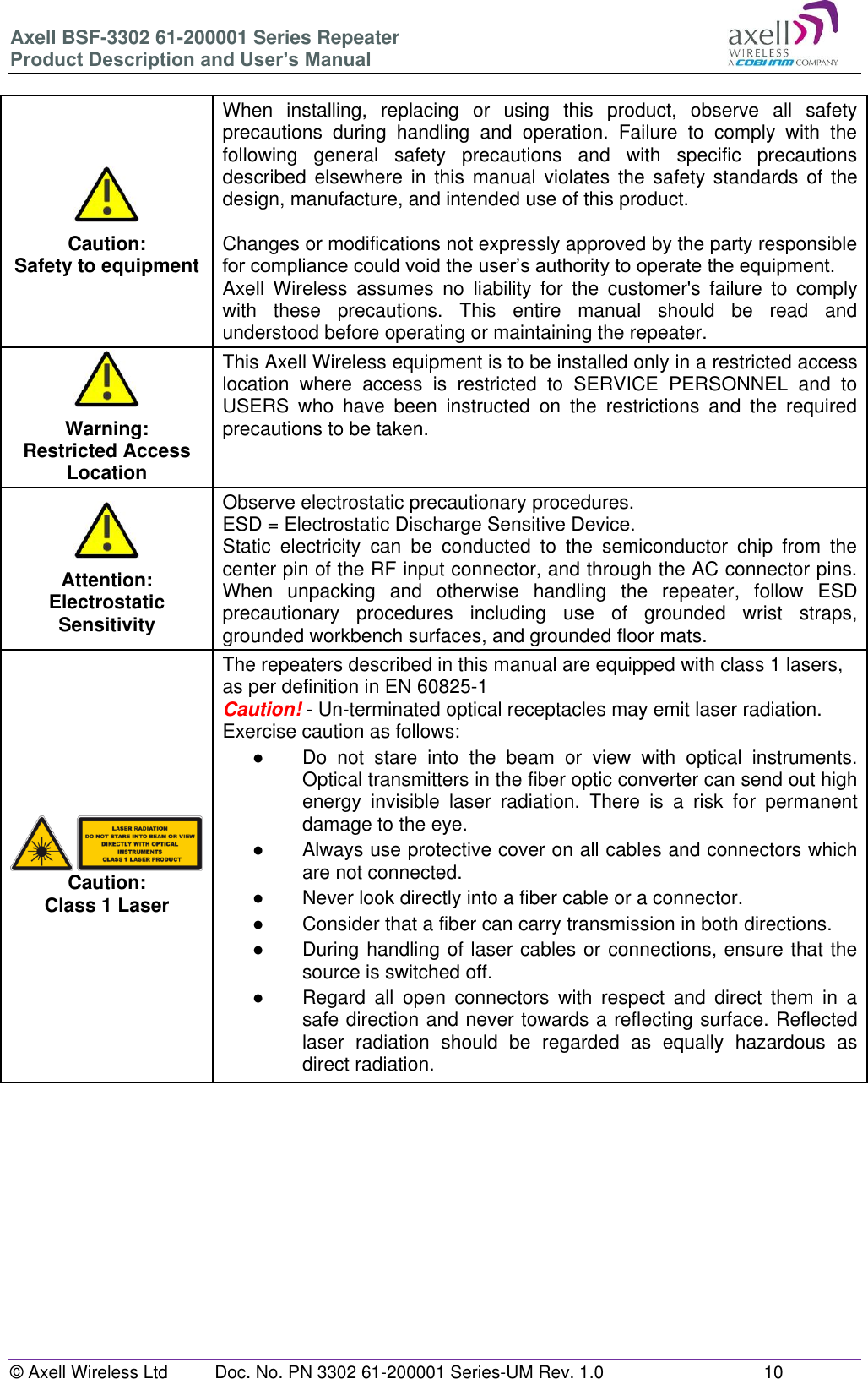 Axell BSF-3302 61-200001 Series Repeater Product Description and User’s Manual © Axell Wireless Ltd  Doc. No. PN 3302 61-200001 Series-UM Rev. 1.0  10   Caution: Safety to equipment When  installing,  replacing  or  using  this  product,  observe  all  safety precautions  during  handling  and  operation.  Failure  to  comply  with  the following  general  safety  precautions  and  with  specific  precautions described  elsewhere  in  this  manual  violates  the  safety standards  of  the design, manufacture, and intended use of this product.   Changes or modifications not expressly approved by the party responsible for compliance could void the user’s authority to operate the equipment. Axell  Wireless  assumes  no  liability  for  the  customer&apos;s  failure  to  comply with  these  precautions.  This  entire  manual  should  be  read  and understood before operating or maintaining the repeater. Warning: Restricted Access Location This Axell Wireless equipment is to be installed only in a restricted access location  where  access  is  restricted  to  SERVICE  PERSONNEL  and  to USERS  who  have  been  instructed  on  the  restrictions  and  the  required precautions to be taken. Attention: Electrostatic Sensitivity Observe electrostatic precautionary procedures. ESD = Electrostatic Discharge Sensitive Device.  Static  electricity  can  be  conducted  to  the  semiconductor  chip  from  the center pin of the RF input connector, and through the AC connector pins. When  unpacking  and  otherwise  handling  the  repeater,  follow  ESD precautionary  procedures  including  use  of  grounded  wrist  straps, grounded workbench surfaces, and grounded floor mats. Caution: Class 1 Laser The repeaters described in this manual are equipped with class 1 lasers, as per definition in EN 60825-1 Caution! - Un-terminated optical receptacles may emit laser radiation. Exercise caution as follows: ●  Do  not  stare  into  the  beam  or  view  with  optical  instruments. Optical transmitters in the fiber optic converter can send out high energy  invisible  laser  radiation.  There  is  a  risk  for  permanent damage to the eye. ●  Always use protective cover on all cables and connectors which are not connected.  ●  Never look directly into a fiber cable or a connector.  ●  Consider that a fiber can carry transmission in both directions.  ●  During handling of laser cables or connections, ensure that the source is switched off.  ●  Regard  all  open  connectors  with  respect  and  direct  them  in  a safe direction and never towards a reflecting surface. Reflected laser  radiation  should  be  regarded  as  equally  hazardous  as direct radiation.      