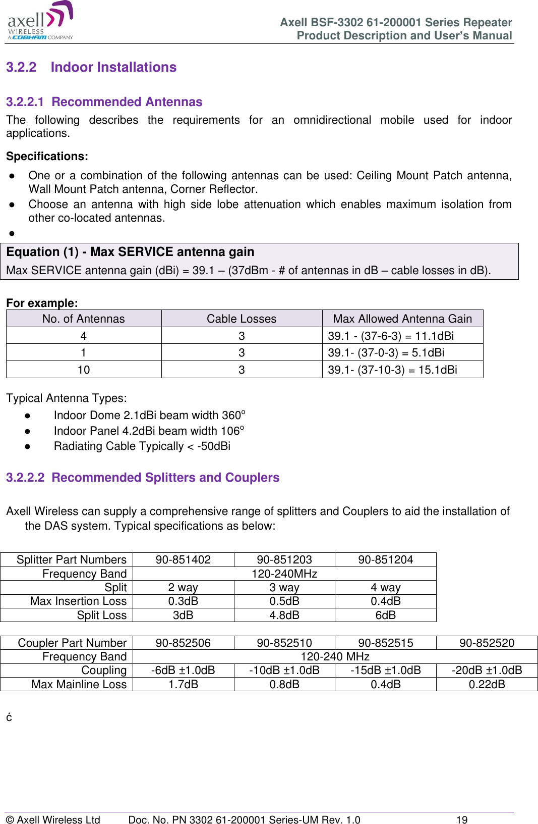 Axell BSF-3302 61-200001 Series Repeater Product Description and User’s Manual © Axell Wireless Ltd  Doc. No. PN 3302 61-200001 Series-UM Rev. 1.0  19   3.2.2  Indoor Installations  3.2.2.1  Recommended Antennas The  following  describes  the  requirements  for  an  omnidirectional  mobile  used  for  indoor applications. Specifications: ●  One or a combination of the following antennas can be used: Ceiling Mount Patch antenna, Wall Mount Patch antenna, Corner Reflector. ●  Choose  an  antenna  with  high  side lobe  attenuation which  enables maximum  isolation  from other co-located antennas. ●   Equation (1) - Max SERVICE antenna gain Max SERVICE antenna gain (dBi) = 39.1 – (37dBm - # of antennas in dB – cable losses in dB).  For example: No. of Antennas Cable Losses Max Allowed Antenna Gain 4 3 39.1 - (37-6-3) = 11.1dBi 1 3 39.1- (37-0-3) = 5.1dBi 10 3 39.1- (37-10-3) = 15.1dBi  Typical Antenna Types: ● Indoor Dome 2.1dBi beam width 360o ● Indoor Panel 4.2dBi beam width 106o ●  Radiating Cable Typically &lt; -50dBi   3.2.2.2  Recommended Splitters and Couplers  Axell Wireless can supply a comprehensive range of splitters and Couplers to aid the installation of the DAS system. Typical specifications as below:  Splitter Part Numbers 90-851402 90-851203 90-851204 Frequency Band 120-240MHz Split 2 way 3 way 4 way Max Insertion Loss 0.3dB 0.5dB 0.4dB Split Loss 3dB 4.8dB 6dB  Coupler Part Number 90-852506 90-852510 90-852515 90-852520 Frequency Band  120-240 MHz Coupling -6dB ±1.0dB -10dB ±1.0dB -15dB ±1.0dB -20dB ±1.0dB Max Mainline Loss 1.7dB 0.8dB 0.4dB 0.22dB  ć    