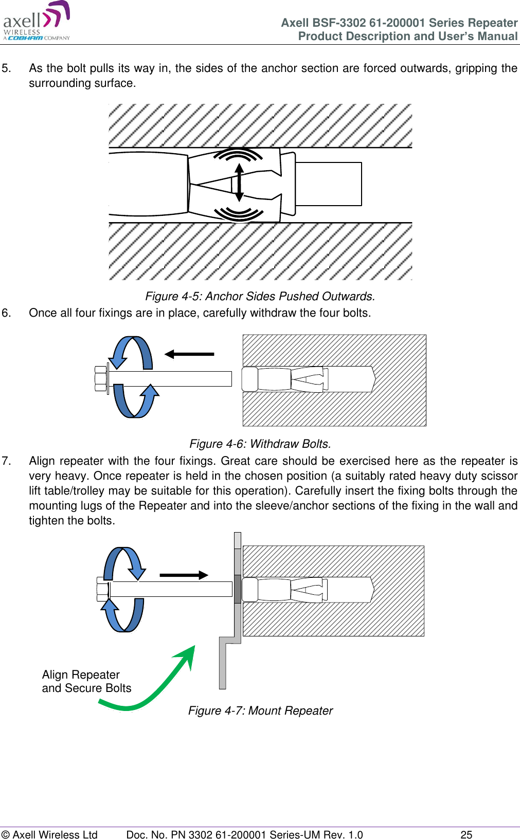 Axell BSF-3302 61-200001 Series Repeater Product Description and User’s Manual © Axell Wireless Ltd  Doc. No. PN 3302 61-200001 Series-UM Rev. 1.0  25   5.  As the bolt pulls its way in, the sides of the anchor section are forced outwards, gripping the surrounding surface.  Figure 4-5: Anchor Sides Pushed Outwards. 6.  Once all four fixings are in place, carefully withdraw the four bolts.   Figure 4-6: Withdraw Bolts. 7.  Align repeater with the four fixings. Great care should be exercised here as the repeater is very heavy. Once repeater is held in the chosen position (a suitably rated heavy duty scissor lift table/trolley may be suitable for this operation). Carefully insert the fixing bolts through the mounting lugs of the Repeater and into the sleeve/anchor sections of the fixing in the wall and tighten the bolts.   Figure 4-7: Mount Repeater     Align Repeater and Secure Bolts 