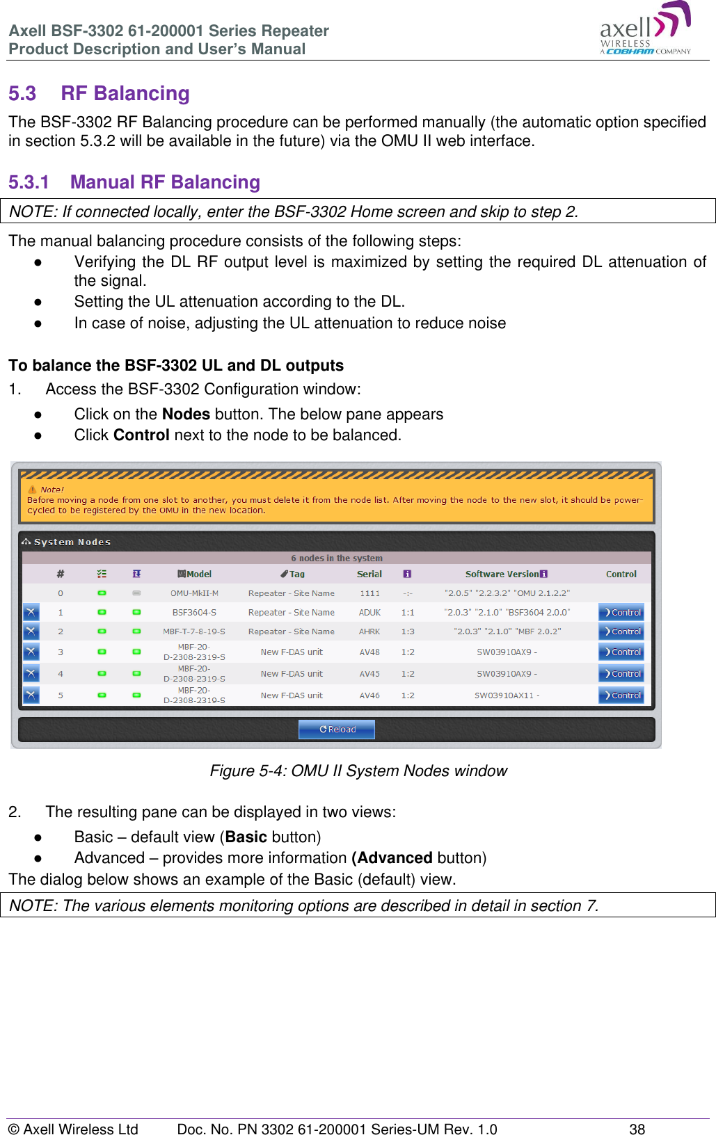 Axell BSF-3302 61-200001 Series Repeater Product Description and User’s Manual © Axell Wireless Ltd  Doc. No. PN 3302 61-200001 Series-UM Rev. 1.0  38   5.3  RF Balancing The BSF-3302 RF Balancing procedure can be performed manually (the automatic option specified in section 5.3.2 will be available in the future) via the OMU II web interface.  5.3.1  Manual RF Balancing NOTE: If connected locally, enter the BSF-3302 Home screen and skip to step 2. The manual balancing procedure consists of the following steps: ●  Verifying the DL RF output level is maximized by setting the required DL attenuation of the signal. ●  Setting the UL attenuation according to the DL. ●  In case of noise, adjusting the UL attenuation to reduce noise  To balance the BSF-3302 UL and DL outputs 1.   Access the BSF-3302 Configuration window: ●  Click on the Nodes button. The below pane appears ●  Click Control next to the node to be balanced.   Figure 5-4: OMU II System Nodes window  2.  The resulting pane can be displayed in two views: ●  Basic – default view (Basic button) ●  Advanced – provides more information (Advanced button) The dialog below shows an example of the Basic (default) view. NOTE: The various elements monitoring options are described in detail in section 7.       