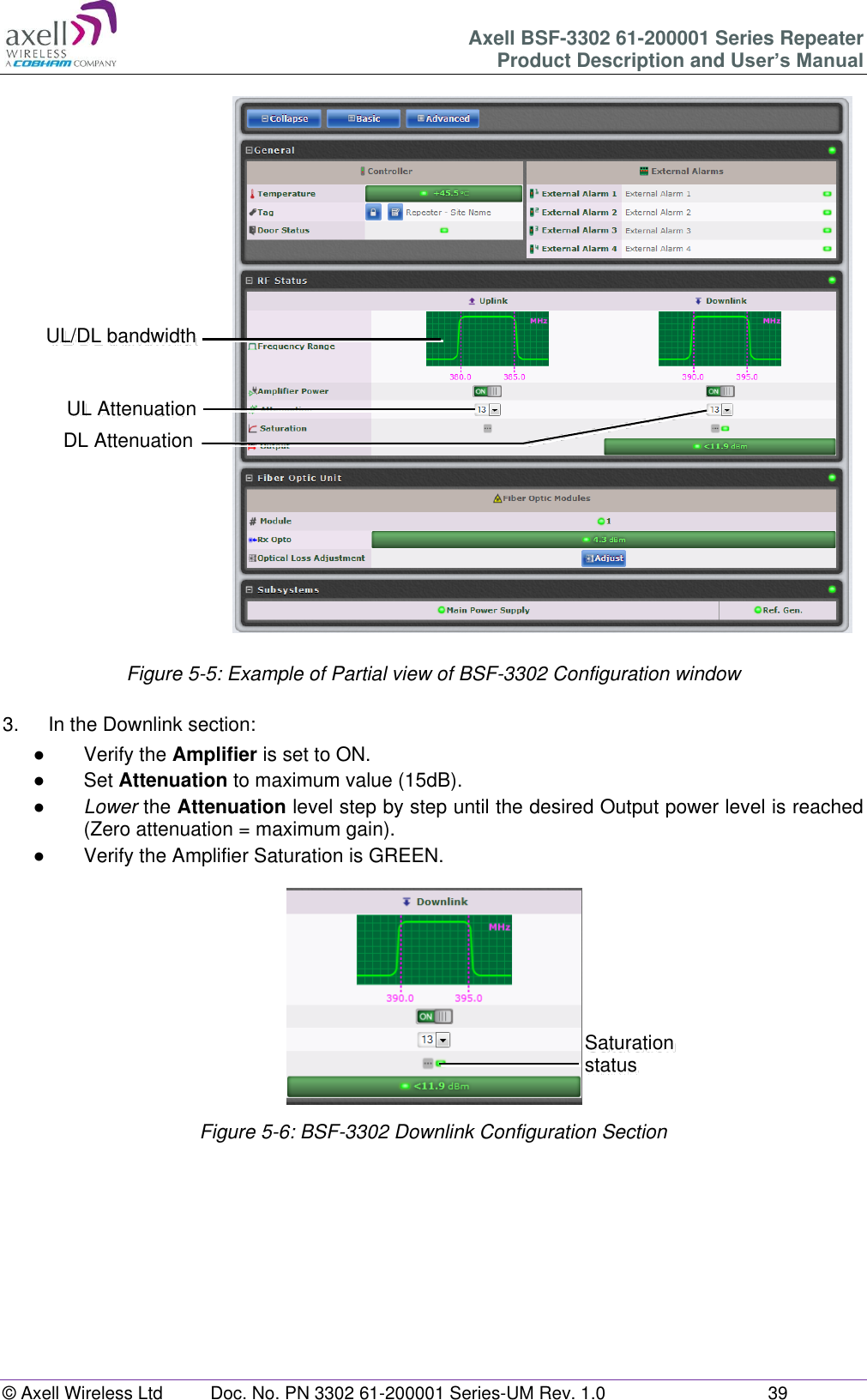 Axell BSF-3302 61-200001 Series Repeater Product Description and User’s Manual © Axell Wireless Ltd  Doc. No. PN 3302 61-200001 Series-UM Rev. 1.0  39                            Figure 5-5: Example of Partial view of BSF-3302 Configuration window  3.  In the Downlink section: ●  Verify the Amplifier is set to ON. ●  Set Attenuation to maximum value (15dB). ● Lower the Attenuation level step by step until the desired Output power level is reached (Zero attenuation = maximum gain). ●  Verify the Amplifier Saturation is GREEN.  Figure 5-6: BSF-3302 Downlink Configuration Section         UL Attenuation DL Attenuation UL/DL bandwidth Saturation status  Saturation 