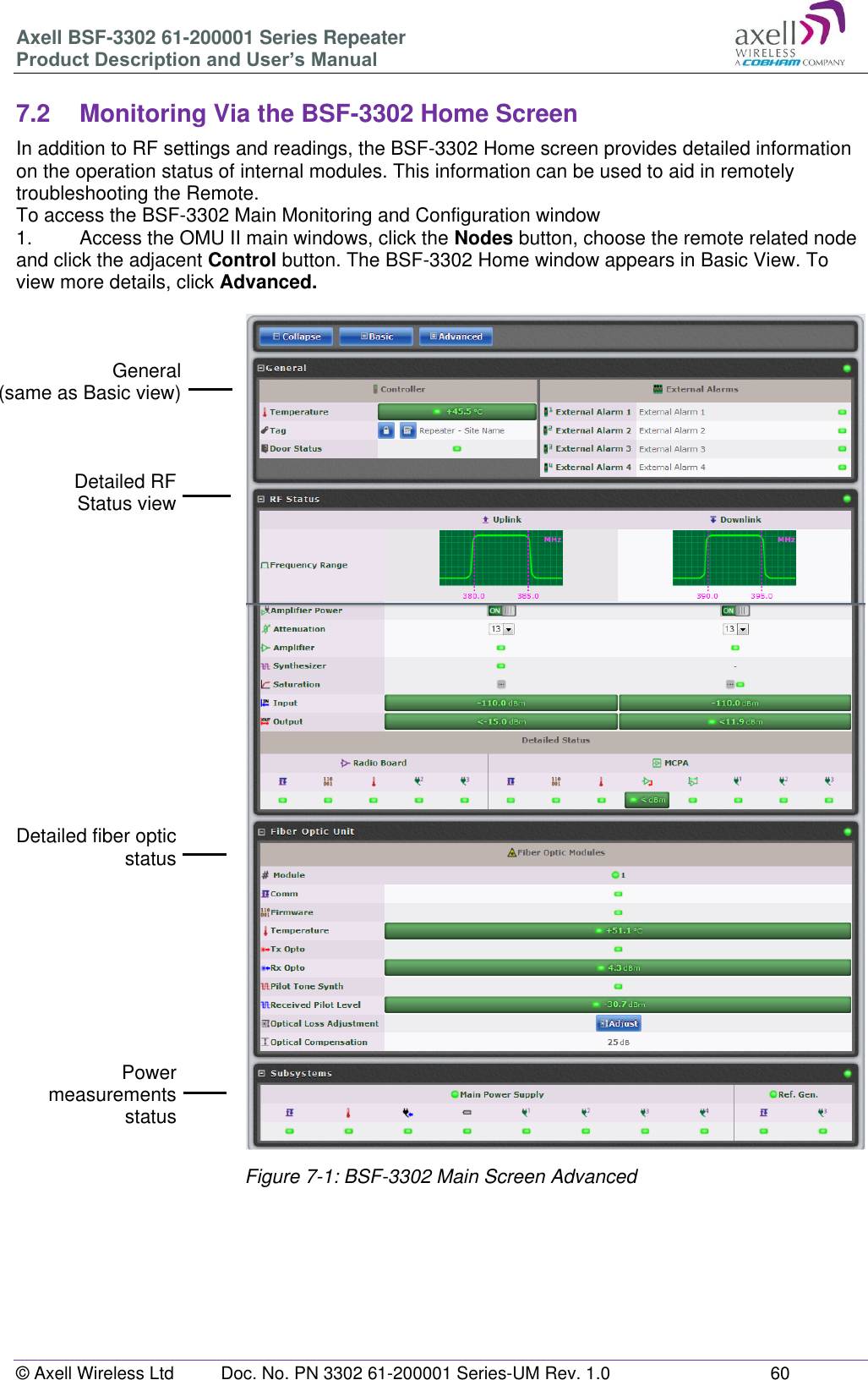 Axell BSF-3302 61-200001 Series Repeater Product Description and User’s Manual © Axell Wireless Ltd  Doc. No. PN 3302 61-200001 Series-UM Rev. 1.0  60   7.2  Monitoring Via the BSF-3302 Home Screen In addition to RF settings and readings, the BSF-3302 Home screen provides detailed information on the operation status of internal modules. This information can be used to aid in remotely troubleshooting the Remote. To access the BSF-3302 Main Monitoring and Configuration window 1.   Access the OMU II main windows, click the Nodes button, choose the remote related node and click the adjacent Control button. The BSF-3302 Home window appears in Basic View. To view more details, click Advanced.   Figure 7-1: BSF-3302 Main Screen Advanced   General  (same as Basic view) Detailed RF Status view Detailed fiber optic status Power measurements status  Power measurements status 