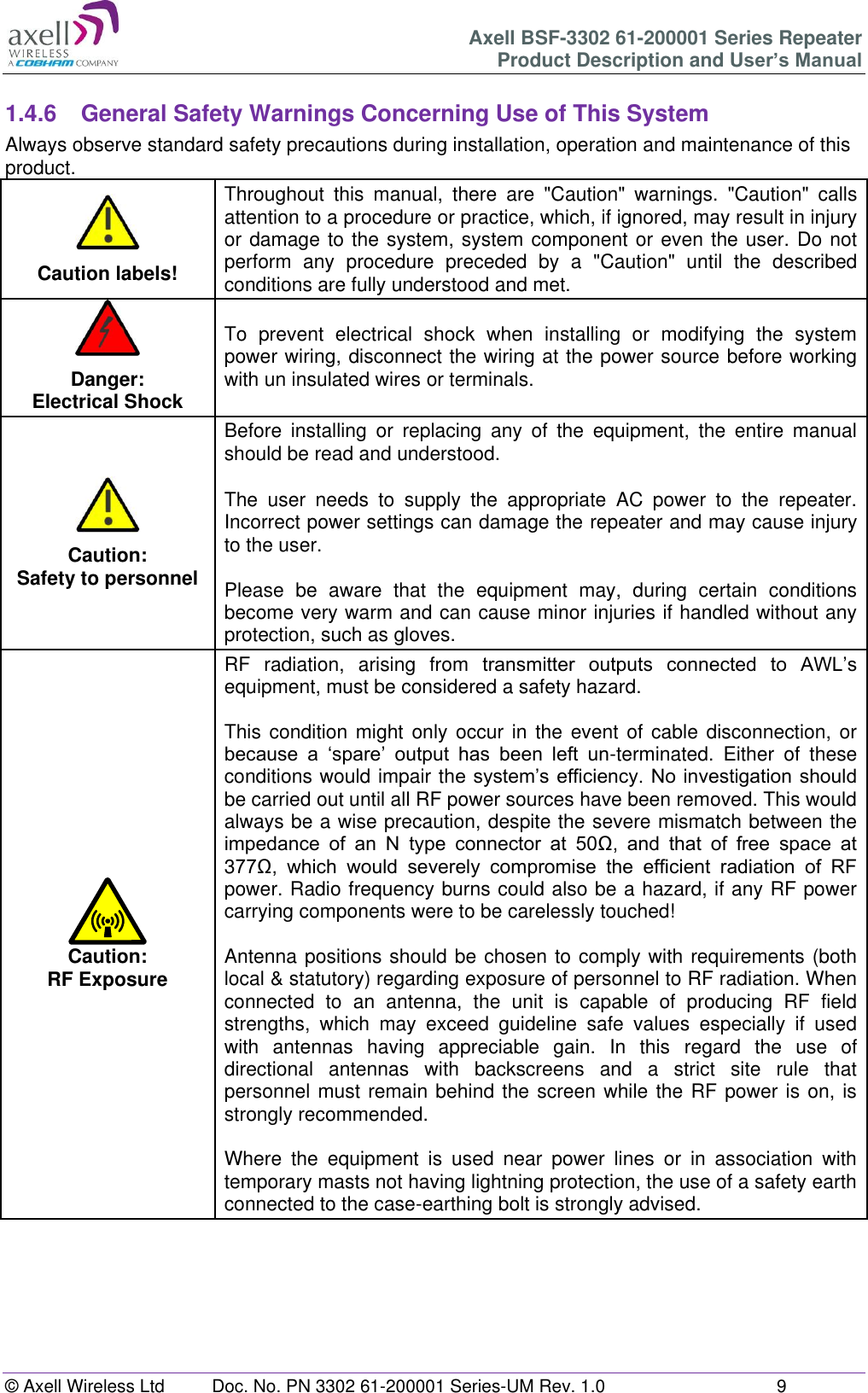 Axell BSF-3302 61-200001 Series Repeater Product Description and User’s Manual © Axell Wireless Ltd  Doc. No. PN 3302 61-200001 Series-UM Rev. 1.0  9   1.4.6  General Safety Warnings Concerning Use of This System Always observe standard safety precautions during installation, operation and maintenance of this product. Caution labels! Throughout  this  manual,  there  are  &quot;Caution&quot;  warnings.  &quot;Caution&quot;  calls attention to a procedure or practice, which, if ignored, may result in injury or damage to the system, system component or even the user. Do not perform  any  procedure  preceded  by  a  &quot;Caution&quot;  until  the  described conditions are fully understood and met.  Danger: Electrical Shock To  prevent  electrical  shock  when  installing  or  modifying  the  system power wiring, disconnect the wiring at the power source before working with un insulated wires or terminals. Caution: Safety to personnel Before  installing  or  replacing  any  of  the  equipment,  the  entire  manual should be read and understood.  The  user  needs  to  supply  the  appropriate  AC  power  to  the  repeater. Incorrect power settings can damage the repeater and may cause injury to the user.  Please  be  aware  that  the  equipment  may,  during  certain  conditions become very warm and can cause minor injuries if handled without any protection, such as gloves. Caution: RF Exposure RF  radiation,  arising  from  transmitter  outputs  connected  to  AWL’s equipment, must be considered a safety hazard.  This condition might  only  occur  in the event of cable  disconnection,  or because  a  ‘spare’  output  has  been  left  un-terminated.  Either  of  these conditions would impair the system’s efficiency. No investigation should be carried out until all RF power sources have been removed. This would always be a wise precaution, despite the severe mismatch between the impedance  of  an  N  type  connector  at  50Ω,  and  that  of  free  space  at 377Ω,  which  would  severely  compromise  the  efficient  radiation  of  RF power. Radio frequency burns could also be a hazard, if any RF power carrying components were to be carelessly touched!  Antenna positions should be chosen to comply with requirements (both local &amp; statutory) regarding exposure of personnel to RF radiation. When connected  to  an  antenna,  the  unit  is  capable  of  producing  RF  field strengths,  which  may  exceed  guideline  safe  values  especially  if  used with  antennas  having  appreciable  gain.  In  this  regard  the  use  of directional  antennas  with  backscreens  and  a  strict  site  rule  that personnel must remain behind the screen while the RF power is on, is strongly recommended.  Where  the  equipment  is  used  near  power  lines  or  in  association  with temporary masts not having lightning protection, the use of a safety earth connected to the case-earthing bolt is strongly advised.         
