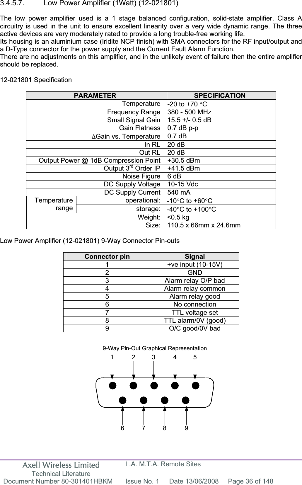 Axell Wireless Limited Technical Literature L.A. M.T.A. Remote Sites Document Number 80-301401HBKM  Issue No. 1  Date 13/06/2008  Page 36 of 148 7 8 961 2 3 4 59-Way Pin-Out Graphical Representation3.4.5.7.  Low Power Amplifier (1Watt) (12-021801) The low power amplifier used is a 1 stage balanced configuration, solid-state amplifier. Class A circuitry is used in the unit to ensure excellent linearity over a very wide dynamic range. The three active devices are very moderately rated to provide a long trouble-free working life.Its housing is an aluminium case (Iridite NCP finish) with SMA connectors for the RF input/output and a D-Type connector for the power supply and the Current Fault Alarm Function. There are no adjustments on this amplifier, and in the unlikely event of failure then the entire amplifier should be replaced. 12-021801 Specification PARAMETER SPECIFICATIONTemperature -20 to +70 qCFrequency Range 380 - 500 MHz Small Signal Gain 15.5 +/- 0.5 dB Gain Flatness 0.7 dB p-p  &apos;Gain vs. Temperature 0.7 dBIn RL 20 dB  Out RL 20 dB  Output Power @ 1dB Compression Point +30.5 dBm  Output 3rd Order IP +41.5 dBm  Noise Figure 6 dB  DC Supply Voltage 10-15 Vdc DC Supply Current  540 mA  operational: -10qC to +60qCTemperaturerange storage: -40qC to +100qCWeight: &lt;0.5 kg Size: 110.5 x 66mm x 24.6mm Low Power Amplifier (12-021801) 9-Way Connector Pin-outs Connector pin  Signal1  +ve input (10-15V) 2 GND 3  Alarm relay O/P bad 4  Alarm relay common 5  Alarm relay good 6 No connection 7  TTL voltage set 8  TTL alarm/0V (good) 9  O/C good/0V bad 