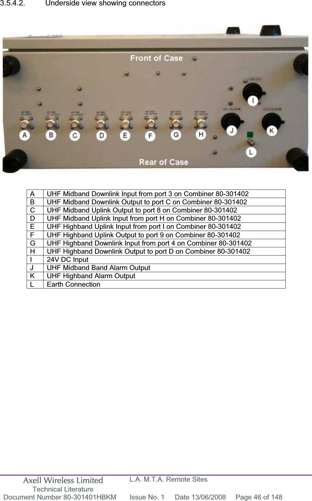 Axell Wireless Limited Technical Literature L.A. M.T.A. Remote Sites Document Number 80-301401HBKM  Issue No. 1  Date 13/06/2008  Page 46 of 148 3.5.4.2.  Underside view showing connectors A  UHF Midband Downlink Input from port 3 on Combiner 80-301402 B  UHF Midband Downlink Output to port C on Combiner 80-301402 C  UHF Midband Uplink Output to port 8 on Combiner 80-301402 D  UHF Midband Uplink Input from port H on Combiner 80-301402 E  UHF Highband Uplink Input from port I on Combiner 80-301402 F  UHF Highband Uplink Output to port 9 on Combiner 80-301402 G  UHF Highband Downlink Input from port 4 on Combiner 80-301402 H  UHF Highband Downlink Output to port D on Combiner 80-301402 I  24V DC Input J  UHF Midband Band Alarm Output K  UHF Highband Alarm Output L Earth Connection 