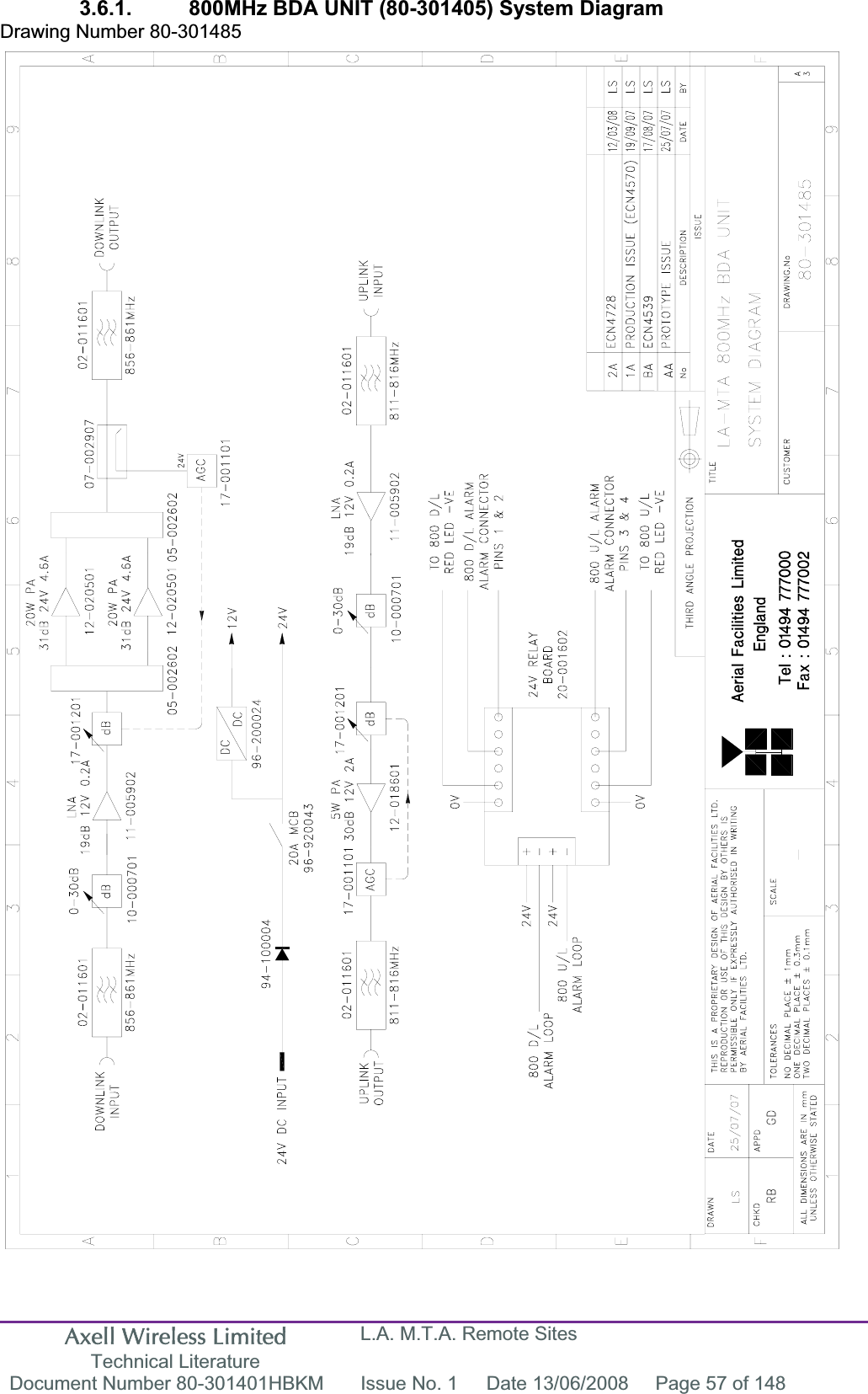 Axell Wireless Limited Technical Literature L.A. M.T.A. Remote Sites Document Number 80-301401HBKM  Issue No. 1  Date 13/06/2008  Page 57 of 148 3.6.1.  800MHz BDA UNIT (80-301405) System Diagram  Drawing Number 80-301485 