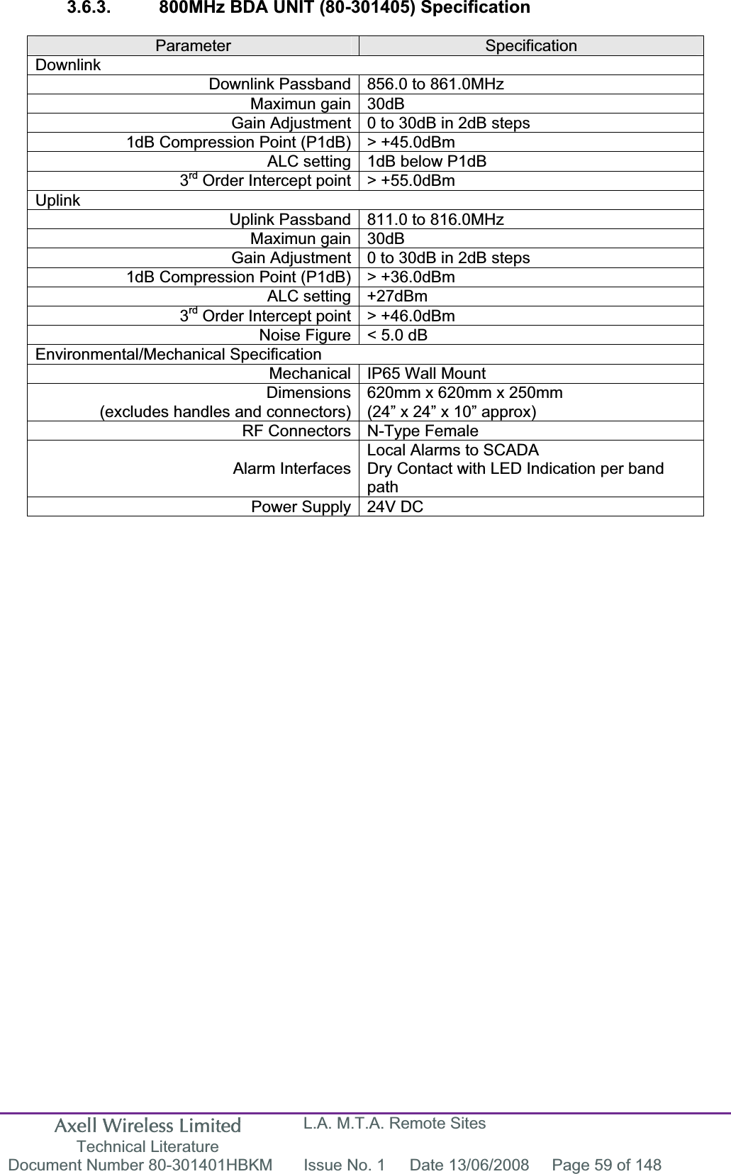 Axell Wireless Limited Technical Literature L.A. M.T.A. Remote Sites Document Number 80-301401HBKM  Issue No. 1  Date 13/06/2008  Page 59 of 148 3.6.3.  800MHz BDA UNIT (80-301405) SpecificationParameter SpecificationDownlinkDownlink Passband 856.0 to 861.0MHz Maximun gain 30dB Gain Adjustment 0 to 30dB in 2dB steps 1dB Compression Point (P1dB) &gt; +45.0dBm ALC setting 1dB below P1dB 3rd Order Intercept point &gt; +55.0dBm UplinkUplink Passband 811.0 to 816.0MHz Maximun gain 30dB Gain Adjustment 0 to 30dB in 2dB steps 1dB Compression Point (P1dB) &gt; +36.0dBm ALC setting +27dBm 3rd Order Intercept point &gt; +46.0dBm Noise Figure &lt; 5.0 dB Environmental/Mechanical SpecificationMechanical IP65 Wall Mount  Dimensions(excludes handles and connectors)620mm x 620mm x 250mm (24” x 24” x 10” approx) RF Connectors N-Type Female  Alarm InterfacesLocal Alarms to SCADADry Contact with LED Indication per band pathPower Supply 24V DC 