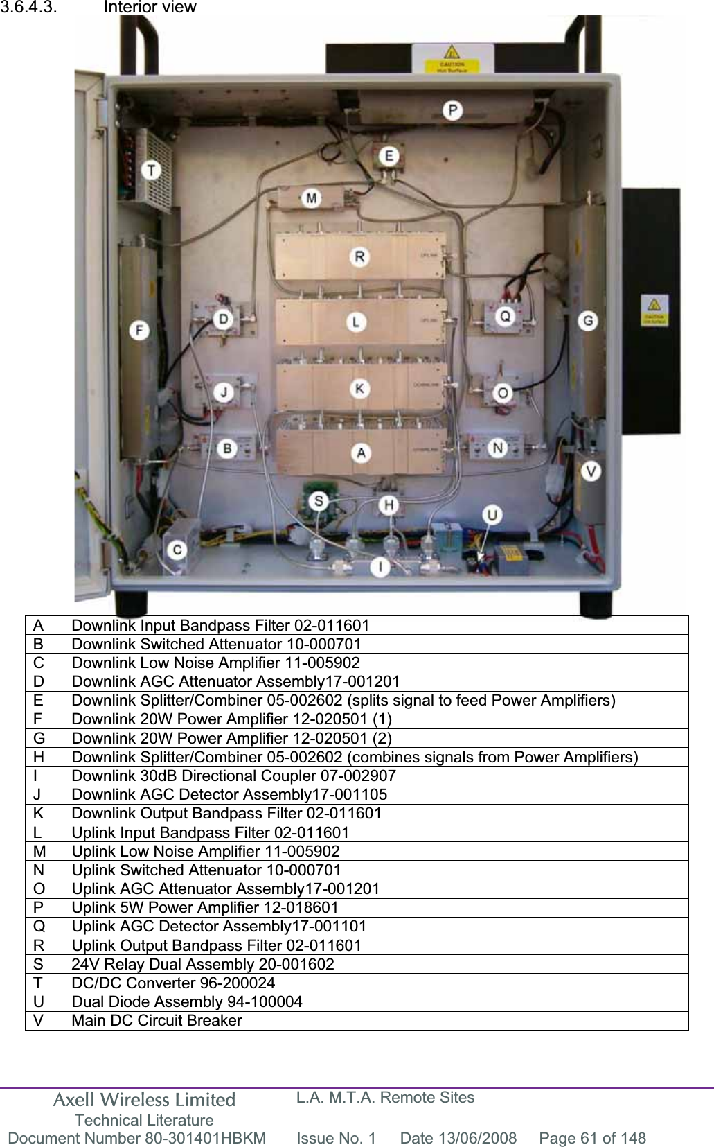 Axell Wireless Limited Technical Literature L.A. M.T.A. Remote Sites Document Number 80-301401HBKM  Issue No. 1  Date 13/06/2008  Page 61 of 148 3.6.4.3. Interior view A  Downlink Input Bandpass Filter 02-011601 B  Downlink Switched Attenuator 10-000701 C  Downlink Low Noise Amplifier 11-005902 D  Downlink AGC Attenuator Assembly17-001201 E  Downlink Splitter/Combiner 05-002602 (splits signal to feed Power Amplifiers) F  Downlink 20W Power Amplifier 12-020501 (1) G  Downlink 20W Power Amplifier 12-020501 (2) H  Downlink Splitter/Combiner 05-002602 (combines signals from Power Amplifiers) I  Downlink 30dB Directional Coupler 07-002907 J  Downlink AGC Detector Assembly17-001105 K  Downlink Output Bandpass Filter 02-011601 L  Uplink Input Bandpass Filter 02-011601 M  Uplink Low Noise Amplifier 11-005902 N  Uplink Switched Attenuator 10-000701 O  Uplink AGC Attenuator Assembly17-001201 P  Uplink 5W Power Amplifier 12-018601 Q  Uplink AGC Detector Assembly17-001101 R  Uplink Output Bandpass Filter 02-011601 S  24V Relay Dual Assembly 20-001602 T  DC/DC Converter 96-200024  U  Dual Diode Assembly 94-100004 V  Main DC Circuit Breaker 