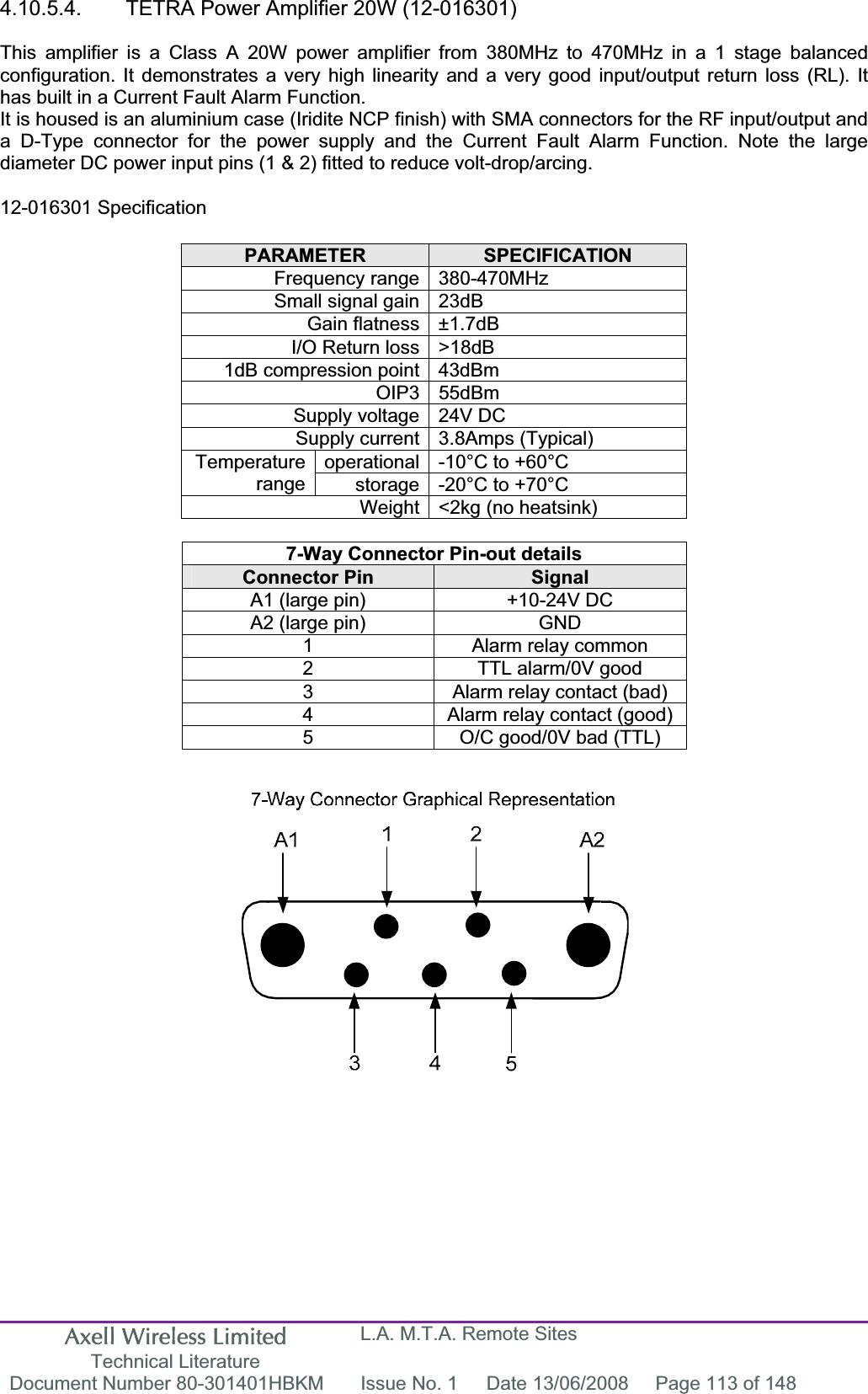 Axell Wireless Limited Technical Literature L.A. M.T.A. Remote Sites Document Number 80-301401HBKM  Issue No. 1  Date 13/06/2008  Page 113 of 148 4.10.5.4.  TETRA Power Amplifier 20W (12-016301) This amplifier is a Class A 20W power amplifier from 380MHz to 470MHz in a 1 stage balanced configuration. It demonstrates a very high linearity and a very good input/output return loss (RL). It has built in a Current Fault Alarm Function. It is housed is an aluminium case (Iridite NCP finish) with SMA connectors for the RF input/output and a D-Type connector for the power supply and the Current Fault Alarm Function. Note the large diameter DC power input pins (1 &amp; 2) fitted to reduce volt-drop/arcing. 12-016301 Specification PARAMETER SPECIFICATIONFrequency range 380-470MHz Small signal gain 23dB Gain flatness ±1.7dB I/O Return loss &gt;18dB 1dB compression point 43dBm OIP3 55dBm Supply voltage 24V DC Supply current 3.8Amps (Typical) operational -10°C to +60°C Temperaturerange storage -20°C to +70°C Weight &lt;2kg (no heatsink) 7-Way Connector Pin-out details Connector Pin  SignalA1 (large pin)  +10-24V DC A2 (large pin)  GND 1  Alarm relay common 2  TTL alarm/0V good 3  Alarm relay contact (bad) 4  Alarm relay contact (good) 5  O/C good/0V bad (TTL) 