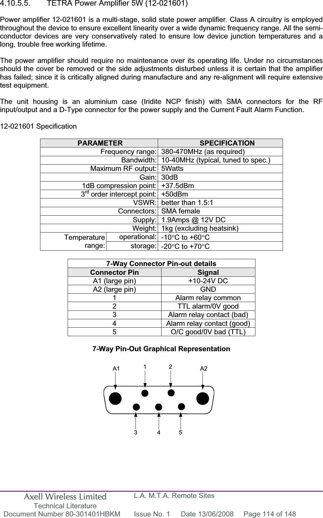 Axell Wireless Limited Technical Literature L.A. M.T.A. Remote Sites Document Number 80-301401HBKM  Issue No. 1  Date 13/06/2008  Page 114 of 148 A1 A21 23 4 54.10.5.5.  TETRA Power Amplifier 5W (12-021601) Power amplifier 12-021601 is a multi-stage, solid state power amplifier. Class A circuitry is employed throughout the device to ensure excellent linearity over a wide dynamic frequency range. All the semi-conductor devices are very conservatively rated to ensure low device junction temperatures and a long, trouble free working lifetime. The power amplifier should require no maintenance over its operating life. Under no circumstances should the cover be removed or the side adjustments disturbed unless it is certain that the amplifier has failed; since it is critically aligned during manufacture and any re-alignment will require extensive test equipment. The unit housing is an aluminium case (Iridite NCP finish) with SMA connectors for the RF input/output and a D-Type connector for the power supply and the Current Fault Alarm Function. 12-021601 Specification PARAMETER SPECIFICATIONFrequency range: 380-470MHz (as required) Bandwidth: 10-40MHz (typical, tuned to spec.) Maximum RF output: 5Watts Gain: 30dB 1dB compression point: +37.5dBm 3rd order intercept point: +50dBm VSWR: better than 1.5:1 Connectors: SMA female Supply: 1.9Amps @ 12V DC Weight: 1kg (excluding heatsink) operational: -10qC to +60qCTemperaturerange: storage: -20qC to +70qC7-Way Connector Pin-out details Connector Pin  SignalA1 (large pin)  +10-24V DC A2 (large pin)  GND 1  Alarm relay common 2  TTL alarm/0V good 3  Alarm relay contact (bad) 4  Alarm relay contact (good) 5  O/C good/0V bad (TTL) 7-Way Pin-Out Graphical Representation 