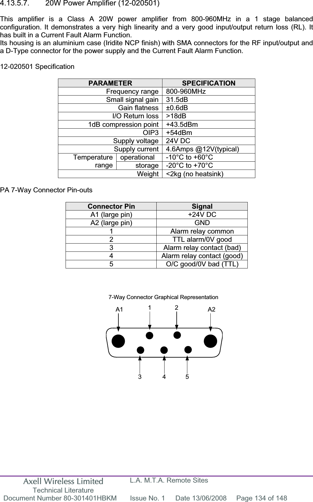 Axell Wireless Limited Technical Literature L.A. M.T.A. Remote Sites Document Number 80-301401HBKM  Issue No. 1  Date 13/06/2008  Page 134 of 148 A1 A21 23 4 57-Way Connector Graphical Representation4.13.5.7.  20W Power Amplifier (12-020501) This amplifier is a Class A 20W power amplifier from 800-960MHz in a 1 stage balanced configuration. It demonstrates a very high linearity and a very good input/output return loss (RL). It has built in a Current Fault Alarm Function. Its housing is an aluminium case (Iridite NCP finish) with SMA connectors for the RF input/output and a D-Type connector for the power supply and the Current Fault Alarm Function. 12-020501 Specification PARAMETER SPECIFICATIONFrequency range 800-960MHz Small signal gain 31.5dB Gain flatness ±0.6dB I/O Return loss &gt;18dB 1dB compression point +43.5dBm OIP3 +54dBm Supply voltage 24V DC Supply current 4.6Amps @12V(typical) operational  -10°C to +60°C Temperaturerange storage -20°C to +70°C Weight &lt;2kg (no heatsink) PA 7-Way Connector Pin-outs Connector Pin  SignalA1 (large pin)  +24V DC A2 (large pin)  GND 1  Alarm relay common 2  TTL alarm/0V good 3  Alarm relay contact (bad) 4  Alarm relay contact (good) 5  O/C good/0V bad (TTL) 