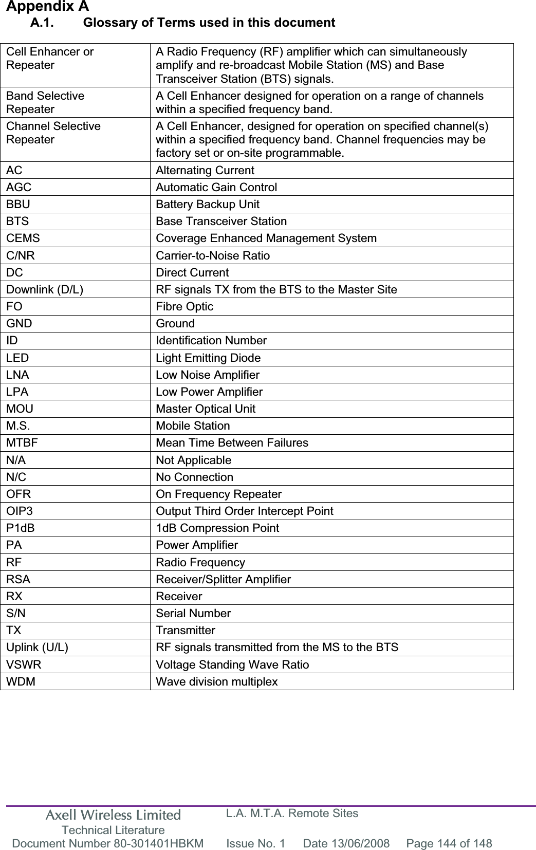 Axell Wireless Limited Technical Literature L.A. M.T.A. Remote Sites Document Number 80-301401HBKM  Issue No. 1  Date 13/06/2008  Page 144 of 148 Appendix A A.1.  Glossary of Terms used in this document Cell Enhancer or RepeaterA Radio Frequency (RF) amplifier which can simultaneously amplify and re-broadcast Mobile Station (MS) and Base Transceiver Station (BTS) signals. Band SelectiveRepeaterA Cell Enhancer designed for operation on a range of channels within a specified frequency band. Channel Selective RepeaterA Cell Enhancer, designed for operation on specified channel(s) within a specified frequency band. Channel frequencies may be factory set or on-site programmable. AC Alternating Current AGC  Automatic Gain Control BBU  Battery Backup Unit BTS  Base Transceiver Station CEMS  Coverage Enhanced Management System C/NR Carrier-to-Noise Ratio DC Direct Current Downlink (D/L)  RF signals TX from the BTS to the Master Site FO Fibre Optic GND Ground ID Identification Number LED  Light Emitting Diode LNA  Low Noise Amplifier LPA  Low Power Amplifier MOU  Master Optical Unit M.S. Mobile Station MTBF  Mean Time Between Failures N/A Not Applicable N/C No Connection OFR  On Frequency Repeater OIP3  Output Third Order Intercept Point P1dB  1dB Compression Point PA Power Amplifier RF Radio Frequency RSA Receiver/Splitter Amplifier RX Receiver S/N Serial Number TX Transmitter Uplink (U/L)  RF signals transmitted from the MS to the BTS VSWR  Voltage Standing Wave Ratio WDM  Wave division multiplex 