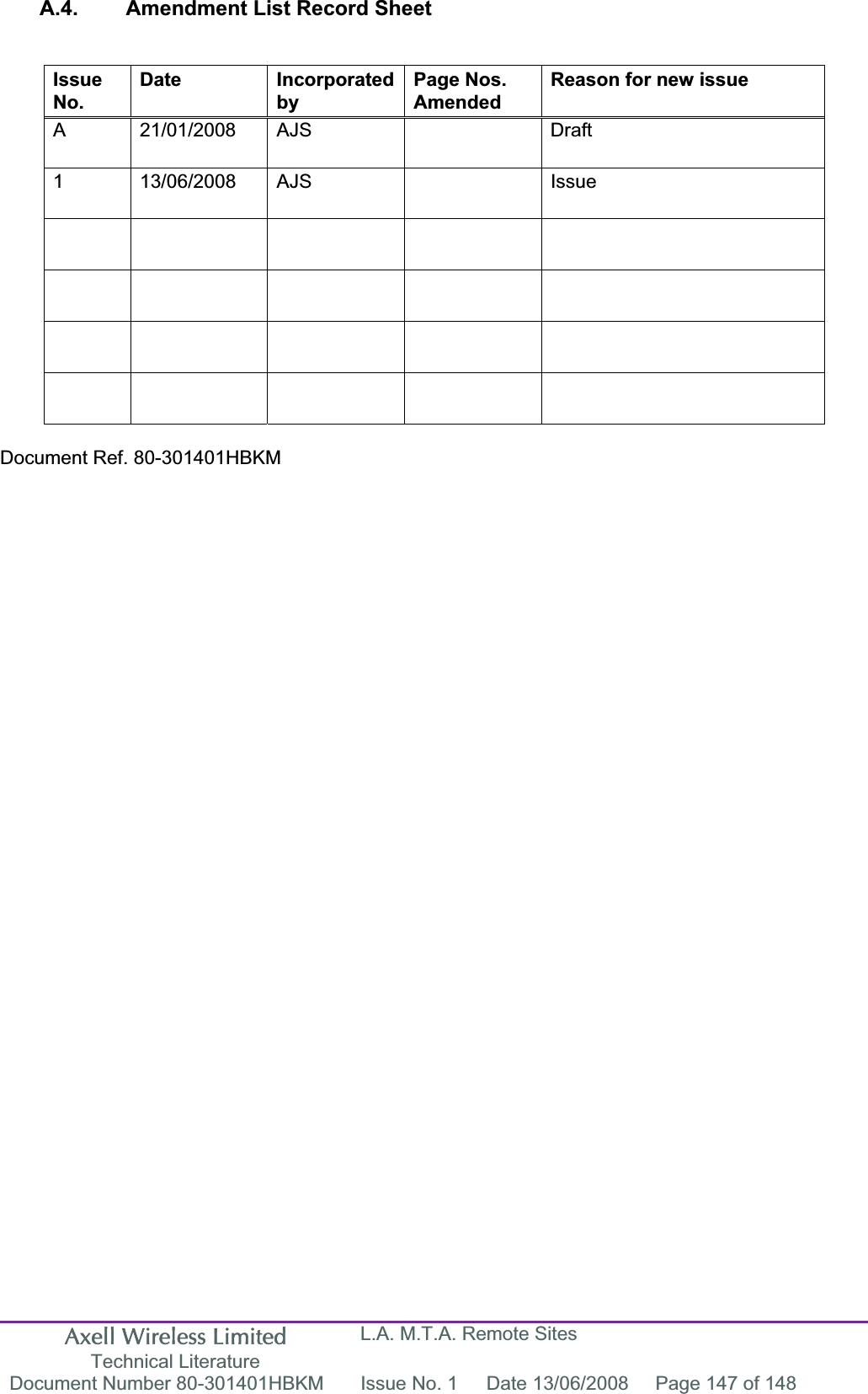 Axell Wireless Limited Technical Literature L.A. M.T.A. Remote Sites Document Number 80-301401HBKM  Issue No. 1  Date 13/06/2008  Page 147 of 148 A.4.  Amendment List Record Sheet Document Ref. 80-301401HBKM IssueNo.Date Incorporated by Page Nos. AmendedReason for new issue A 21/01/2008 AJS    Draft 1 13/06/2008 AJS    Issue                     