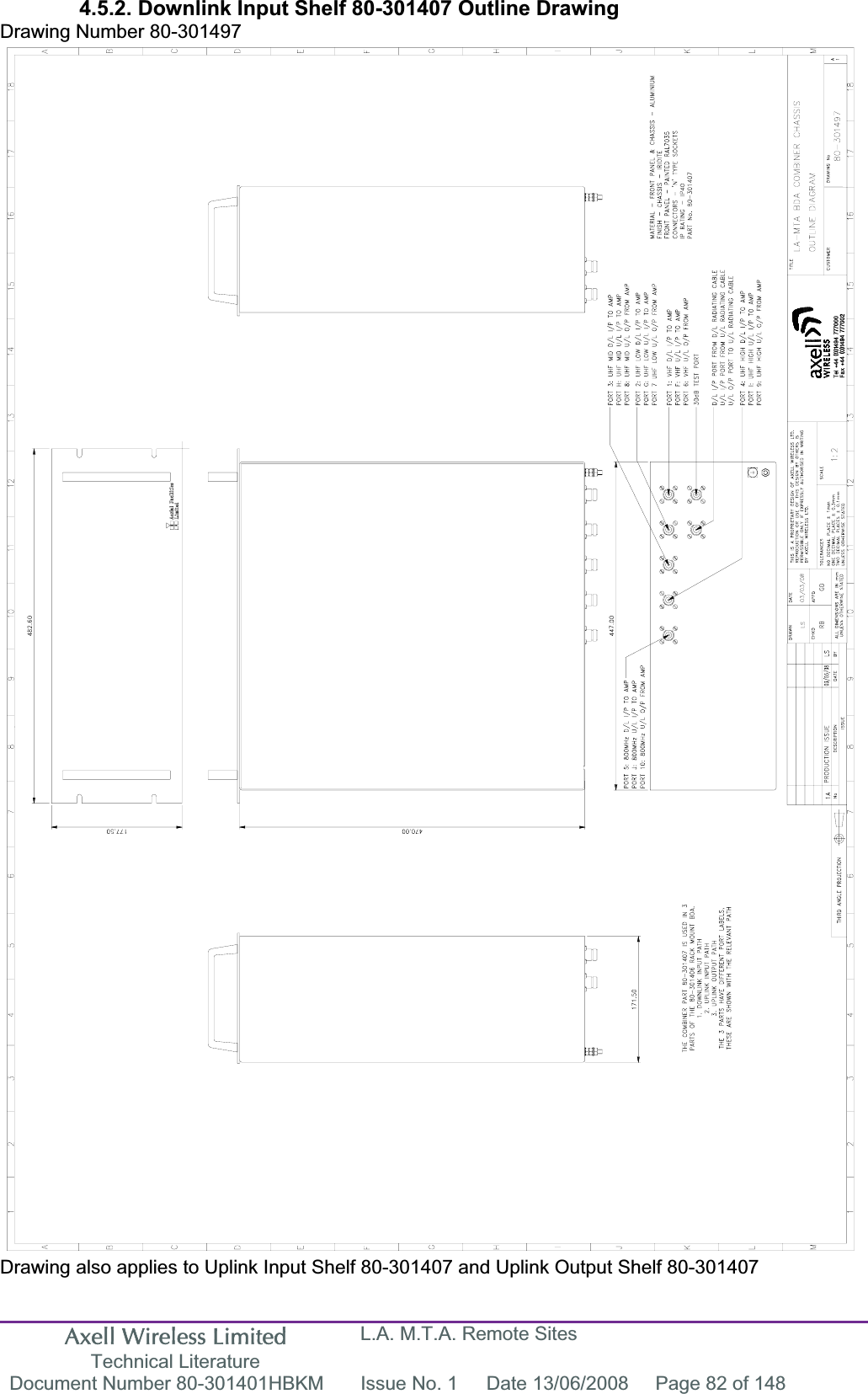 Axell Wireless Limited Technical Literature L.A. M.T.A. Remote Sites Document Number 80-301401HBKM  Issue No. 1  Date 13/06/2008  Page 82 of 148 4.5.2. Downlink Input Shelf 80-301407 Outline Drawing Drawing Number 80-301497 Drawing also applies to Uplink Input Shelf 80-301407 and Uplink Output Shelf 80-301407 