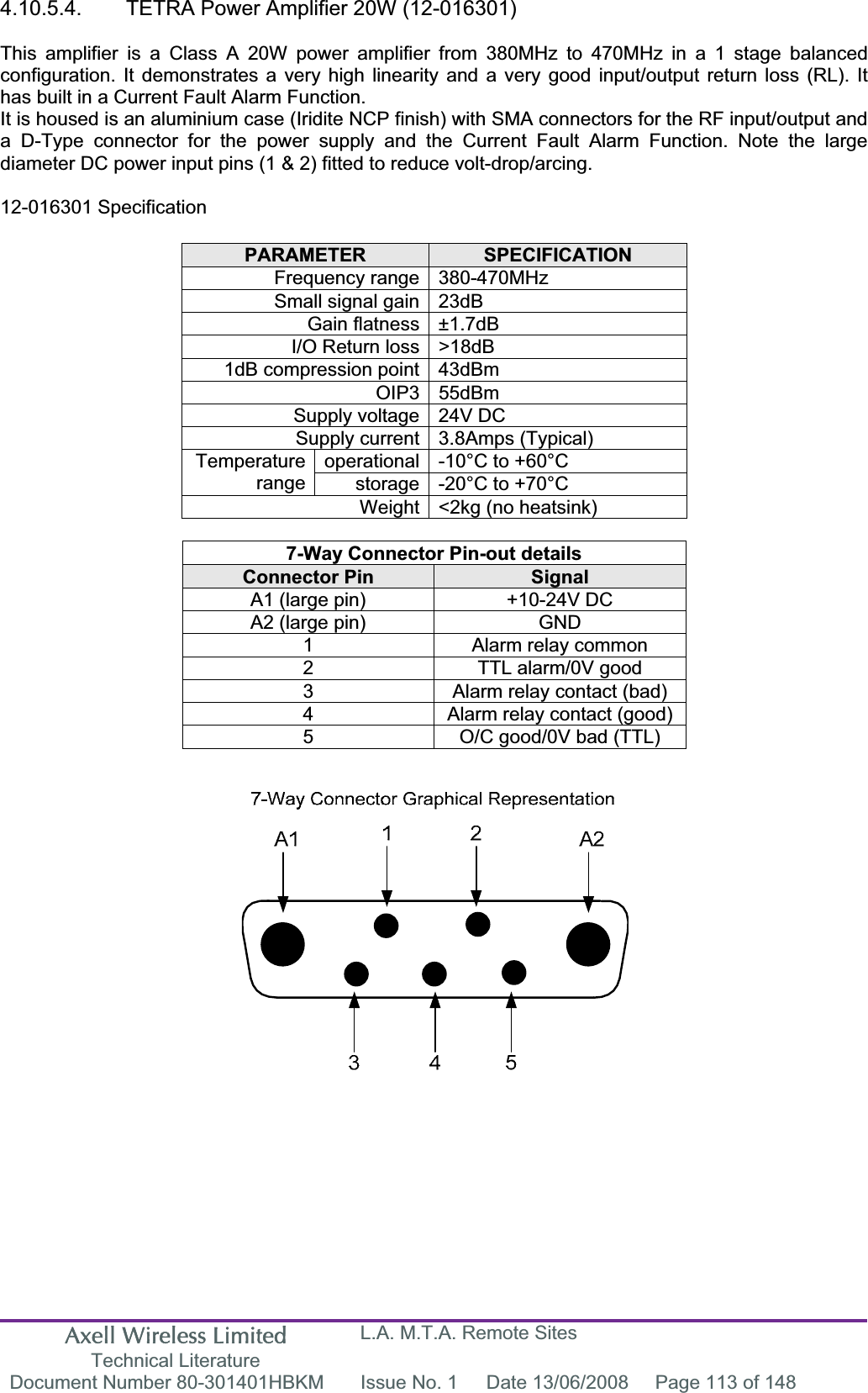 Axell Wireless Limited Technical Literature L.A. M.T.A. Remote Sites Document Number 80-301401HBKM  Issue No. 1  Date 13/06/2008  Page 113 of 148 4.10.5.4.  TETRA Power Amplifier 20W (12-016301) This amplifier is a Class A 20W power amplifier from 380MHz to 470MHz in a 1 stage balanced configuration. It demonstrates a very high linearity and a very good input/output return loss (RL). It has built in a Current Fault Alarm Function. It is housed is an aluminium case (Iridite NCP finish) with SMA connectors for the RF input/output and a D-Type connector for the power supply and the Current Fault Alarm Function. Note the large diameter DC power input pins (1 &amp; 2) fitted to reduce volt-drop/arcing. 12-016301 Specification PARAMETER SPECIFICATIONFrequency range 380-470MHz Small signal gain 23dB Gain flatness ±1.7dB I/O Return loss &gt;18dB 1dB compression point 43dBm OIP3 55dBm Supply voltage 24V DC Supply current 3.8Amps (Typical) operational -10°C to +60°C Temperaturerange storage -20°C to +70°C Weight &lt;2kg (no heatsink) 7-Way Connector Pin-out details Connector Pin  SignalA1 (large pin)  +10-24V DC A2 (large pin)  GND 1  Alarm relay common 2  TTL alarm/0V good 3  Alarm relay contact (bad) 4  Alarm relay contact (good) 5  O/C good/0V bad (TTL) 