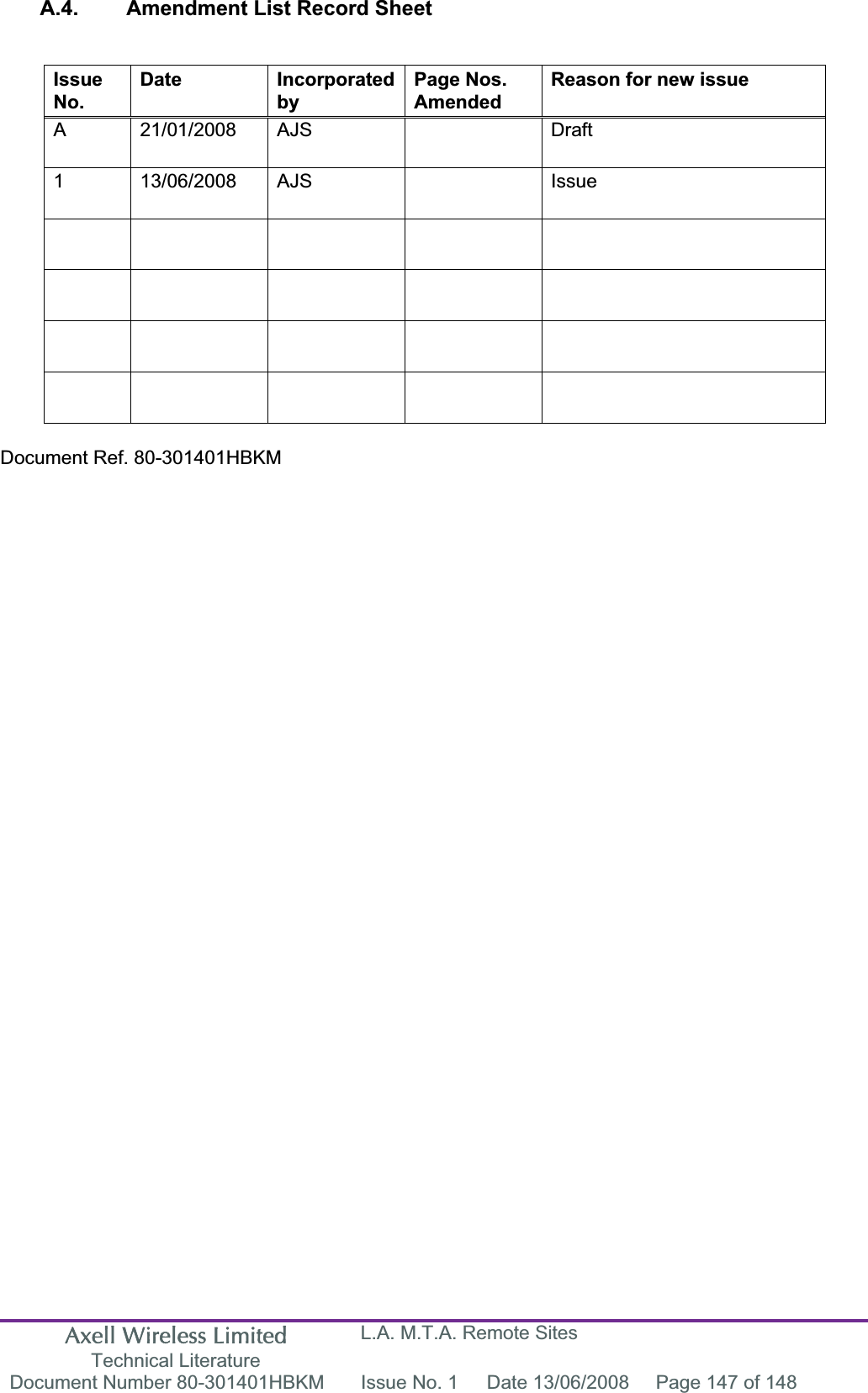 Axell Wireless Limited Technical Literature L.A. M.T.A. Remote Sites Document Number 80-301401HBKM  Issue No. 1  Date 13/06/2008  Page 147 of 148 A.4.  Amendment List Record Sheet Document Ref. 80-301401HBKM IssueNo.Date Incorporated by Page Nos. AmendedReason for new issue A 21/01/2008 AJS    Draft 1 13/06/2008 AJS    Issue                     