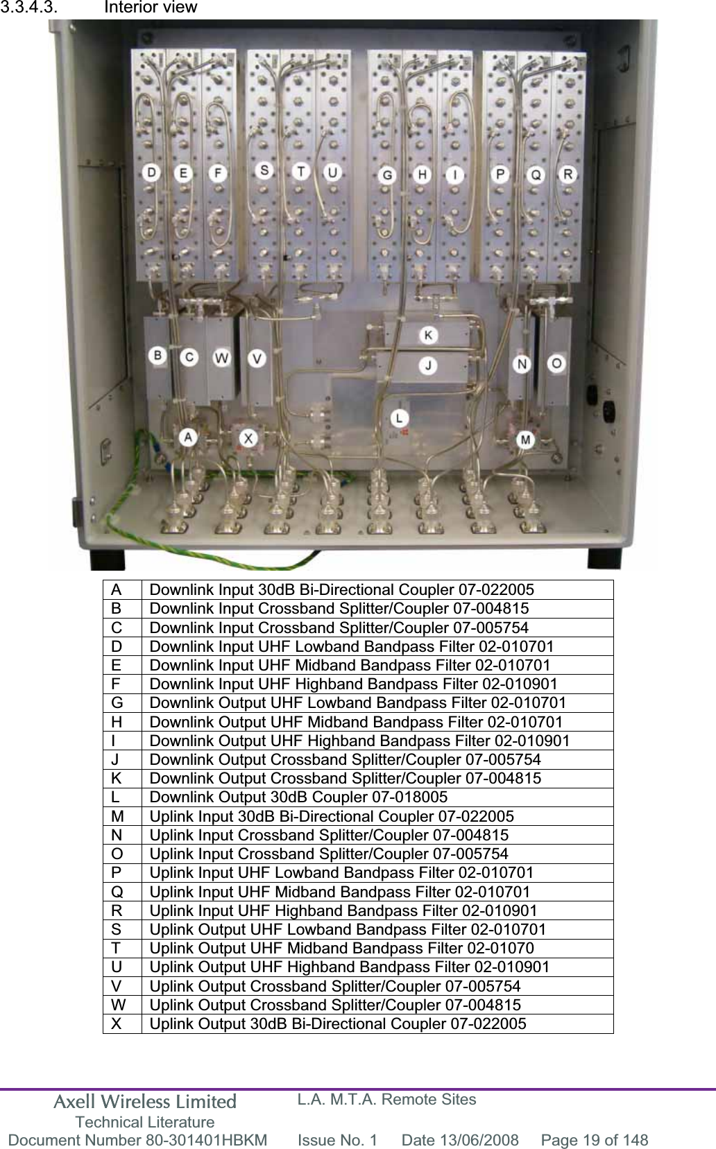 Axell Wireless Limited Technical Literature L.A. M.T.A. Remote Sites Document Number 80-301401HBKM  Issue No. 1  Date 13/06/2008  Page 19 of 148 3.3.4.3. Interior view A  Downlink Input 30dB Bi-Directional Coupler 07-022005 B  Downlink Input Crossband Splitter/Coupler 07-004815 C  Downlink Input Crossband Splitter/Coupler 07-005754 D  Downlink Input UHF Lowband Bandpass Filter 02-010701 E  Downlink Input UHF Midband Bandpass Filter 02-010701 F  Downlink Input UHF Highband Bandpass Filter 02-010901 G  Downlink Output UHF Lowband Bandpass Filter 02-010701 H  Downlink Output UHF Midband Bandpass Filter 02-010701 I  Downlink Output UHF Highband Bandpass Filter 02-010901 J  Downlink Output Crossband Splitter/Coupler 07-005754 K  Downlink Output Crossband Splitter/Coupler 07-004815 L  Downlink Output 30dB Coupler 07-018005 M  Uplink Input 30dB Bi-Directional Coupler 07-022005 N  Uplink Input Crossband Splitter/Coupler 07-004815 O  Uplink Input Crossband Splitter/Coupler 07-005754 P  Uplink Input UHF Lowband Bandpass Filter 02-010701 Q  Uplink Input UHF Midband Bandpass Filter 02-010701 R  Uplink Input UHF Highband Bandpass Filter 02-010901 S  Uplink Output UHF Lowband Bandpass Filter 02-010701 T  Uplink Output UHF Midband Bandpass Filter 02-01070 U  Uplink Output UHF Highband Bandpass Filter 02-010901 V  Uplink Output Crossband Splitter/Coupler 07-005754 W  Uplink Output Crossband Splitter/Coupler 07-004815 X  Uplink Output 30dB Bi-Directional Coupler 07-022005 