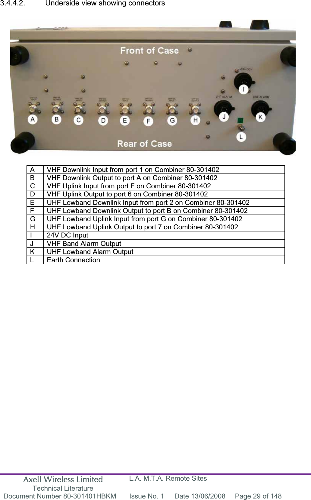 Axell Wireless Limited Technical Literature L.A. M.T.A. Remote Sites Document Number 80-301401HBKM  Issue No. 1  Date 13/06/2008  Page 29 of 148 3.4.4.2.  Underside view showing connectors A  VHF Downlink Input from port 1 on Combiner 80-301402 B  VHF Downlink Output to port A on Combiner 80-301402 C  VHF Uplink Input from port F on Combiner 80-301402 D  VHF Uplink Output to port 6 on Combiner 80-301402 E  UHF Lowband Downlink Input from port 2 on Combiner 80-301402 F  UHF Lowband Downlink Output to port B on Combiner 80-301402 G  UHF Lowband Uplink Input from port G on Combiner 80-301402 H  UHF Lowband Uplink Output to port 7 on Combiner 80-301402 I  24V DC Input J  VHF Band Alarm Output K  UHF Lowband Alarm Output L Earth Connection 